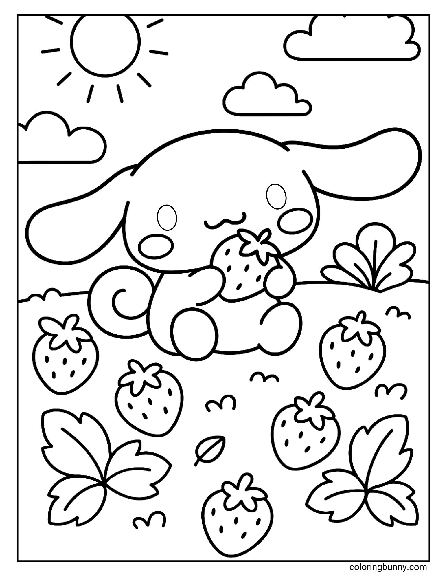 Cinnamoroll coloring page showing the Sanrio puppy sitting in a strawberry patch under a bright sun and fluffy clouds. Surrounded by ripe berries and leafy plants, Cinnamoroll enjoys holding and eating a fresh strawberry, creating a cheerful and sweet harvest scene for kids to color.
