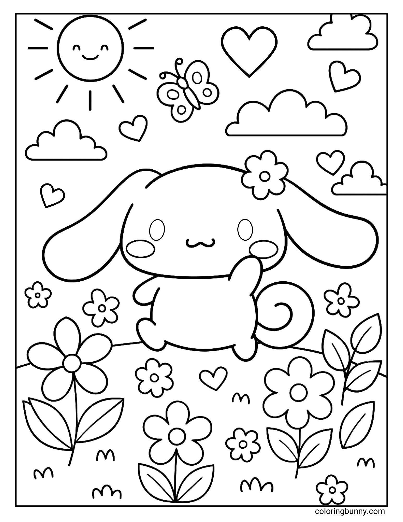 Coloring page of Cinnamoroll in a field of flowers, with a smiling sun, clouds, and a butterfly.
