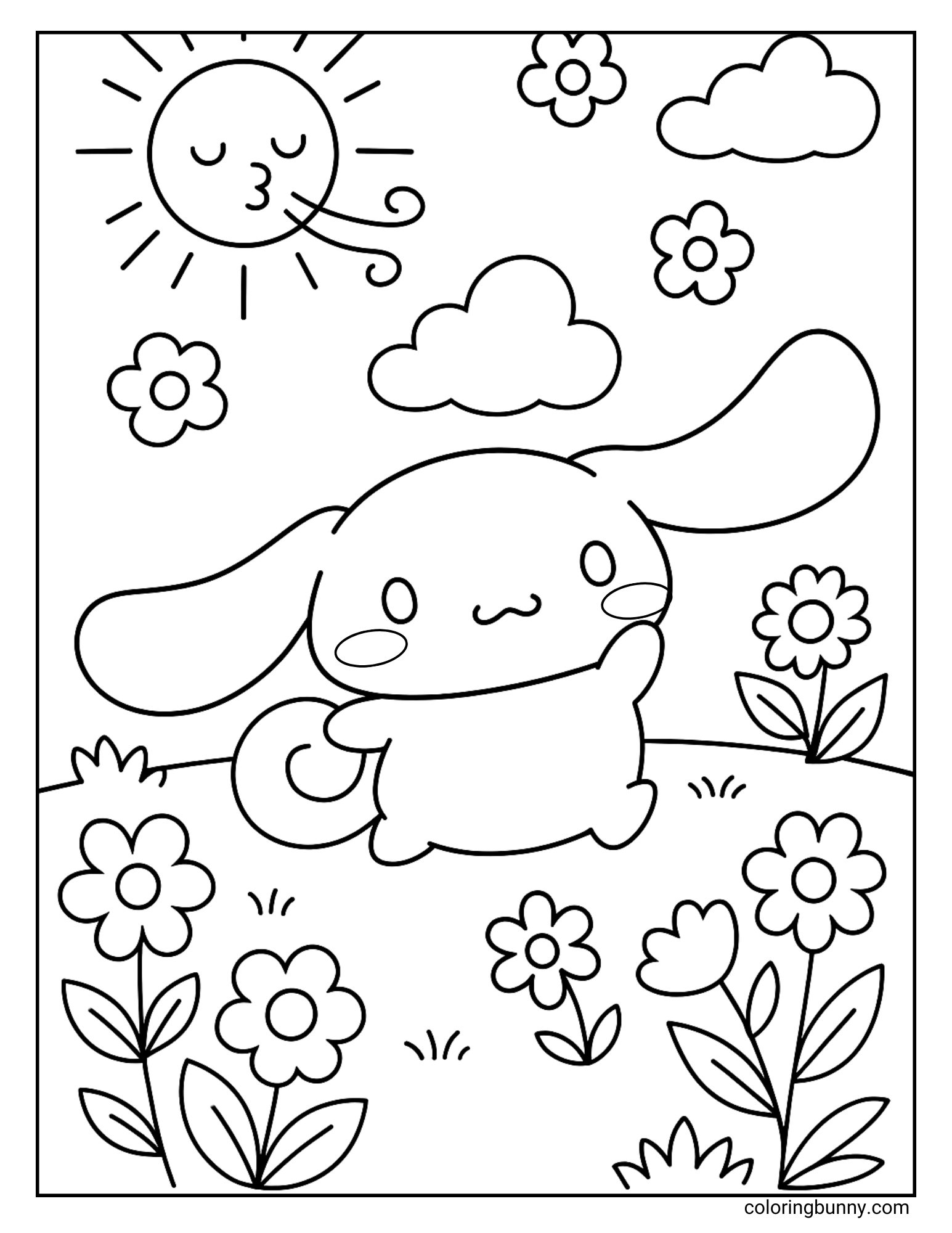 Charming Cinnamoroll meadow coloring page with the Sanrio puppy standing happily among blooming flowers and swaying grass. A playful sun with a smiling face blows a gentle breeze while fluffy clouds float above, creating a lighthearted springtime scene perfect for coloring.