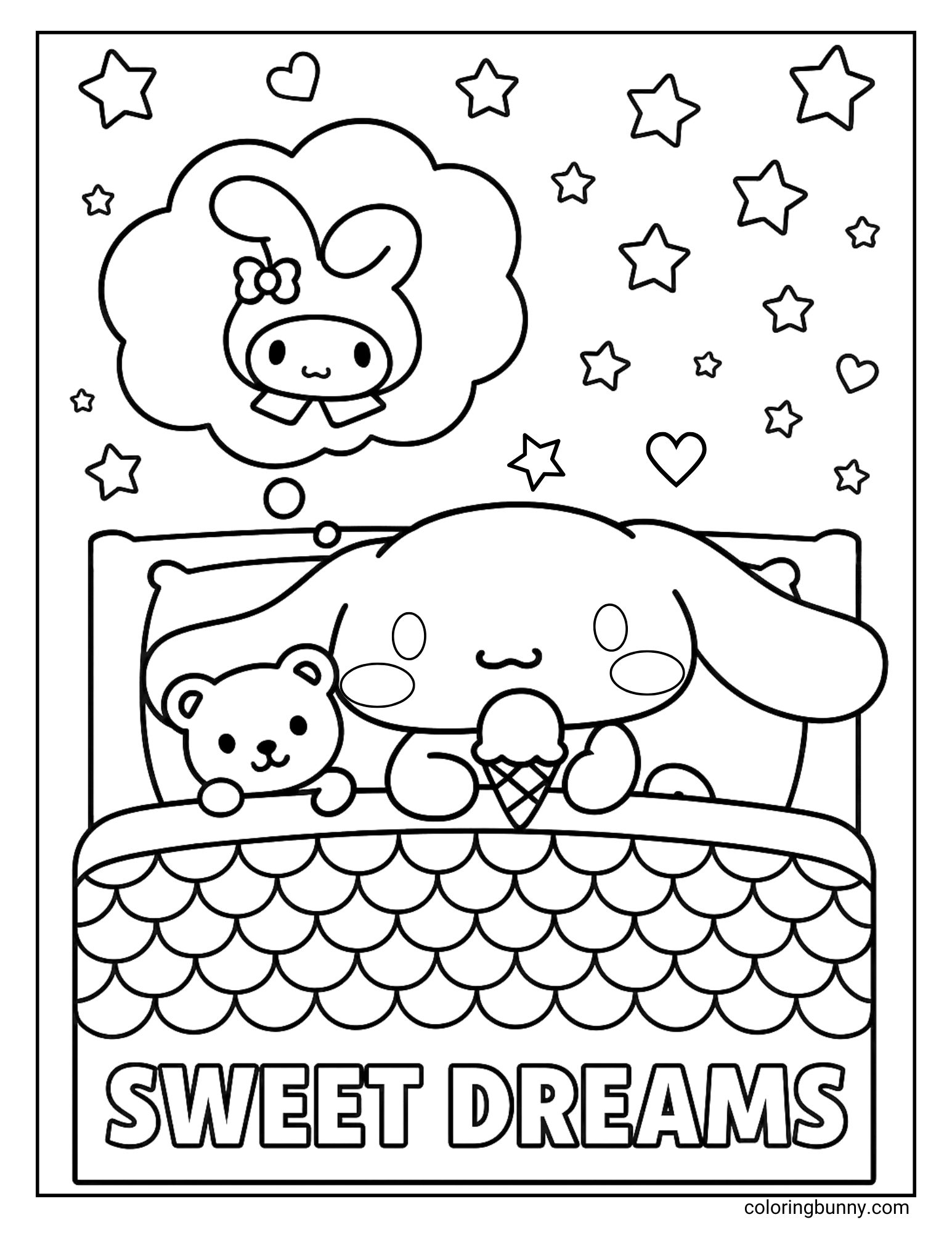 Cozy Cinnamoroll bedtime coloring page showing the Sanrio puppy tucked under blankets with a teddy bear and holding an ice cream cone. Above him, a dreamy thought bubble features My Melody, while stars and hearts scatter across the night sky with the words “Sweet Dreams” written at the bottom.