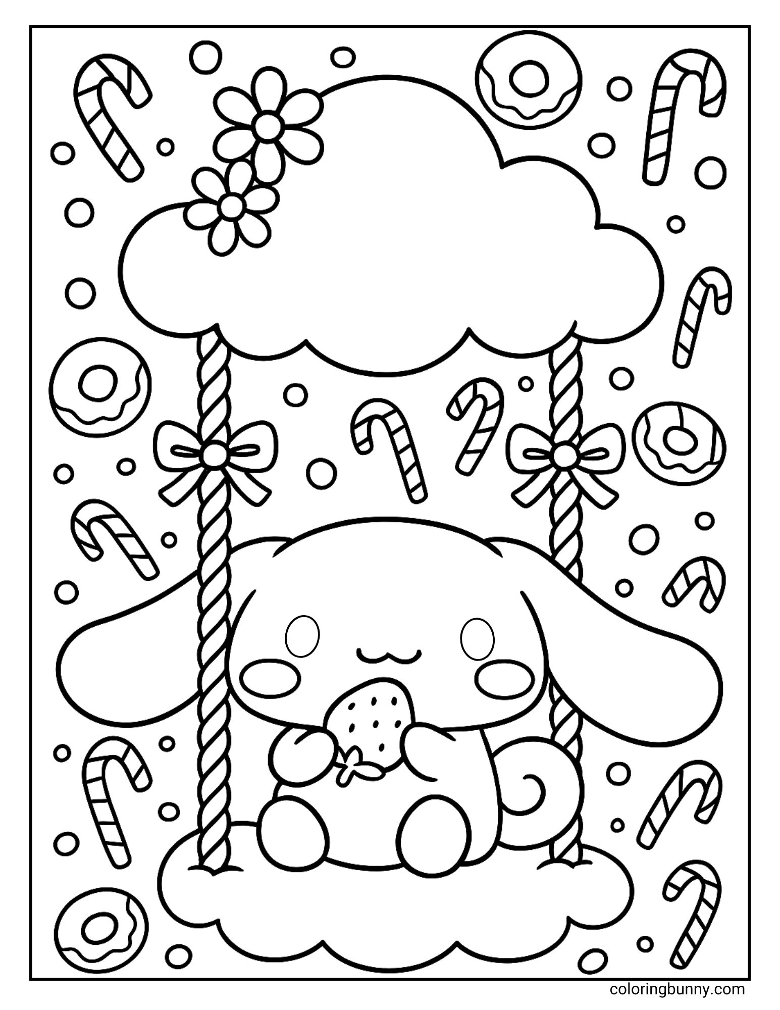 Sanrio coloring page of Cinnamoroll on a cloud swing, with candy canes, donuts, and bubbles floating around him.