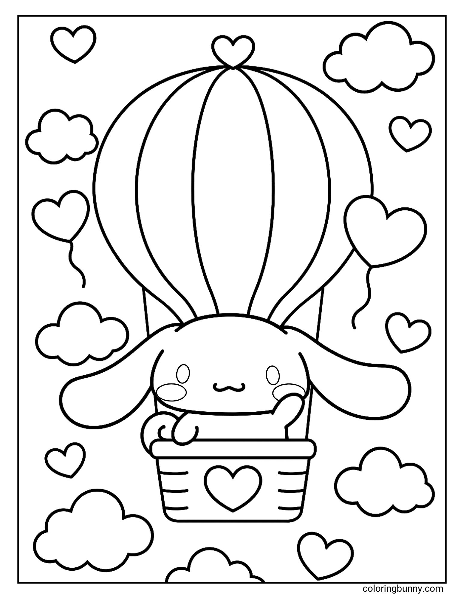 Cinnamoroll hot air balloon coloring page featuring the Sanrio puppy riding in a heart-decorated basket surrounded by fluffy clouds and floating heart balloons.