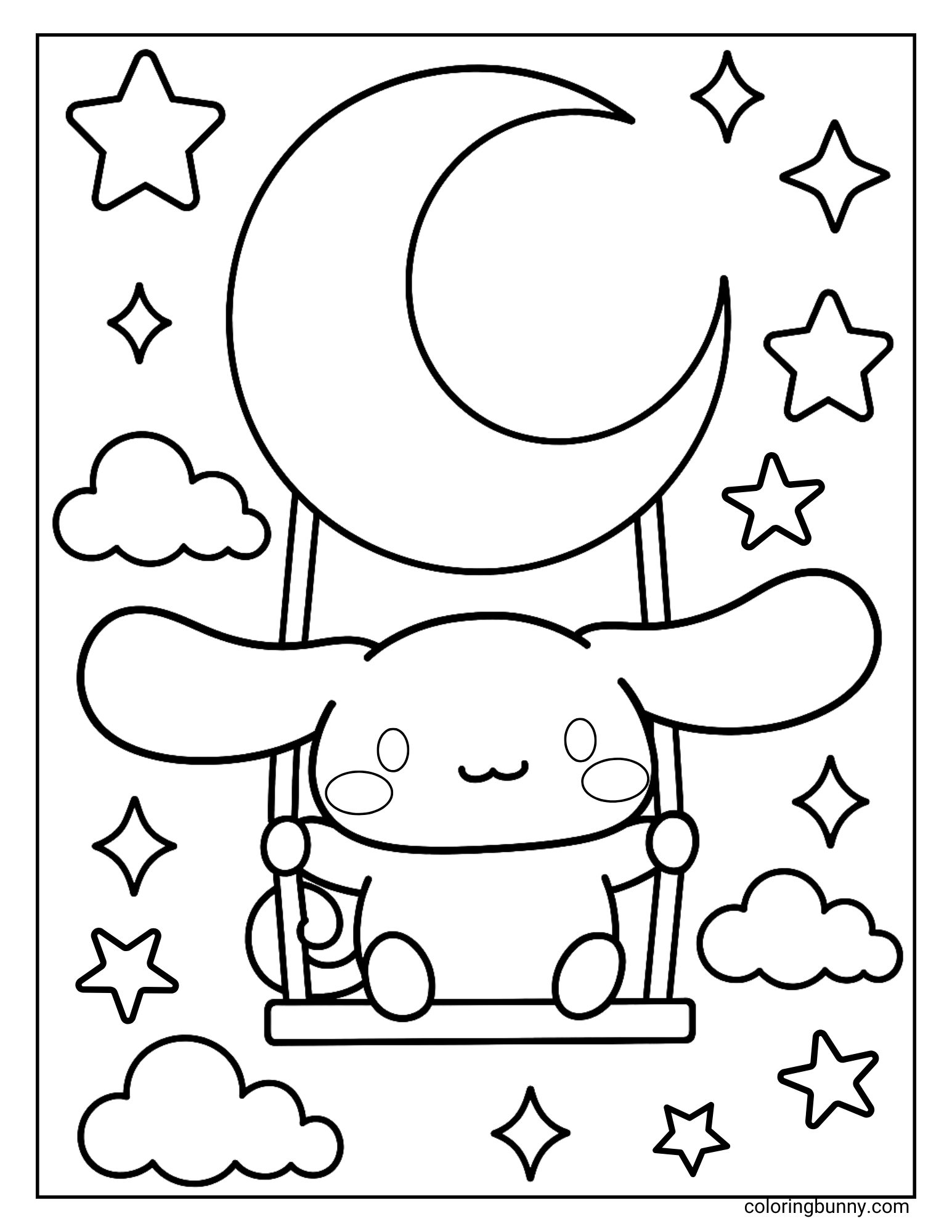 A Cinnamoroll coloring page featuring the Sanrio puppy sitting on a swing hanging from a crescent moon. The background is filled with stars, fluffy clouds, and sparkling shapes, creating a dreamy nighttime scene.