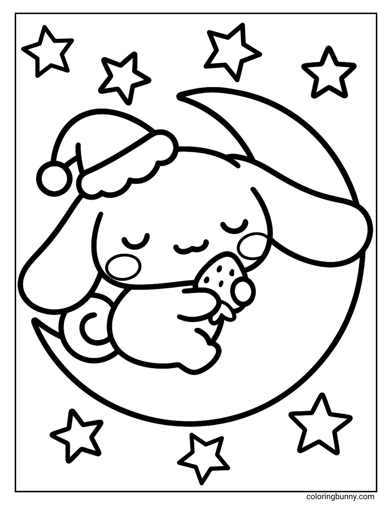 Kids coloring page of Cinnamoroll sleeping on a crescent moon, wearing a sleeping hat and holding a cookie, with stars all around him.