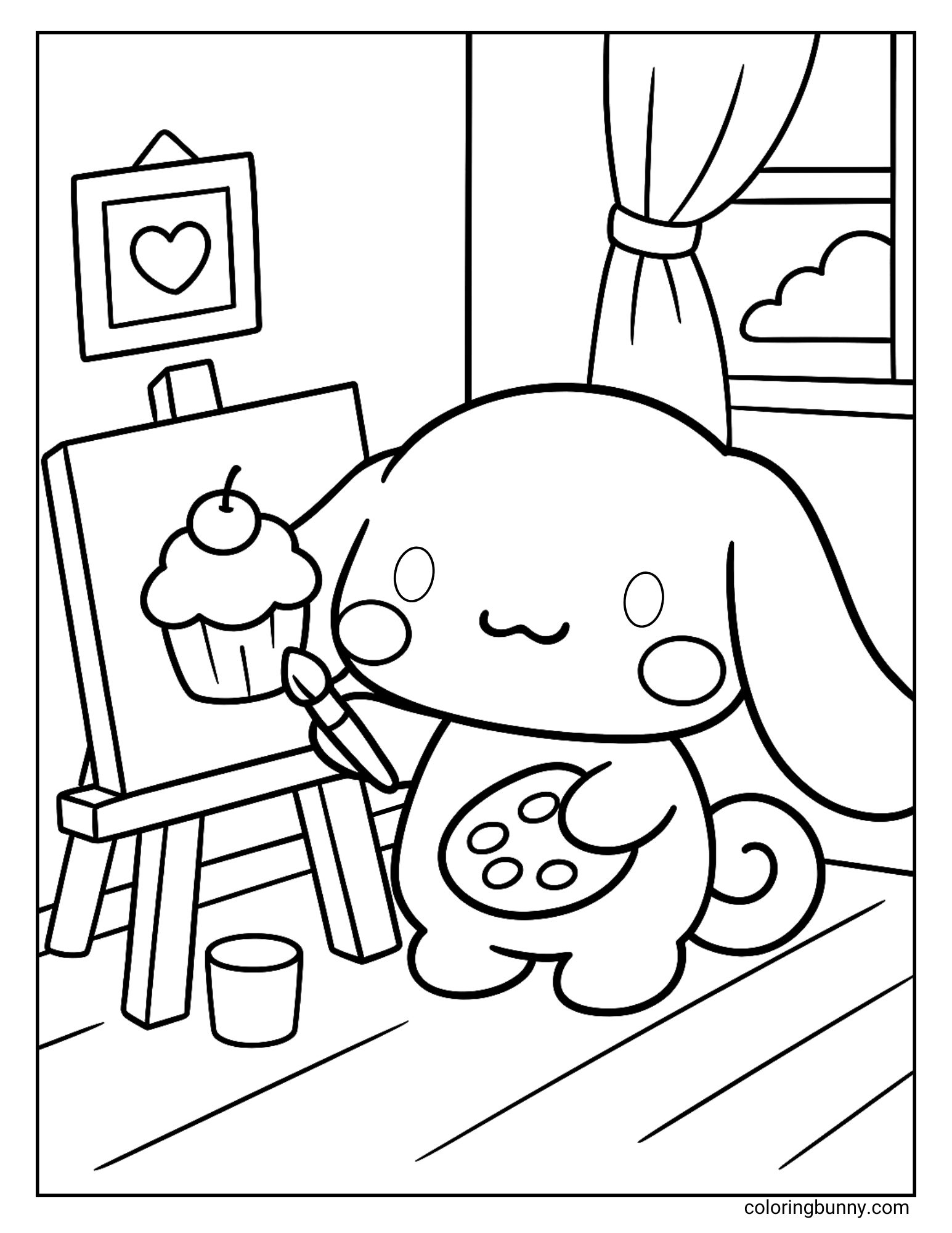 Coloring page of Cinnamoroll painting a cupcake on a canvas inside a room with a window and a framed heart on the wall.
