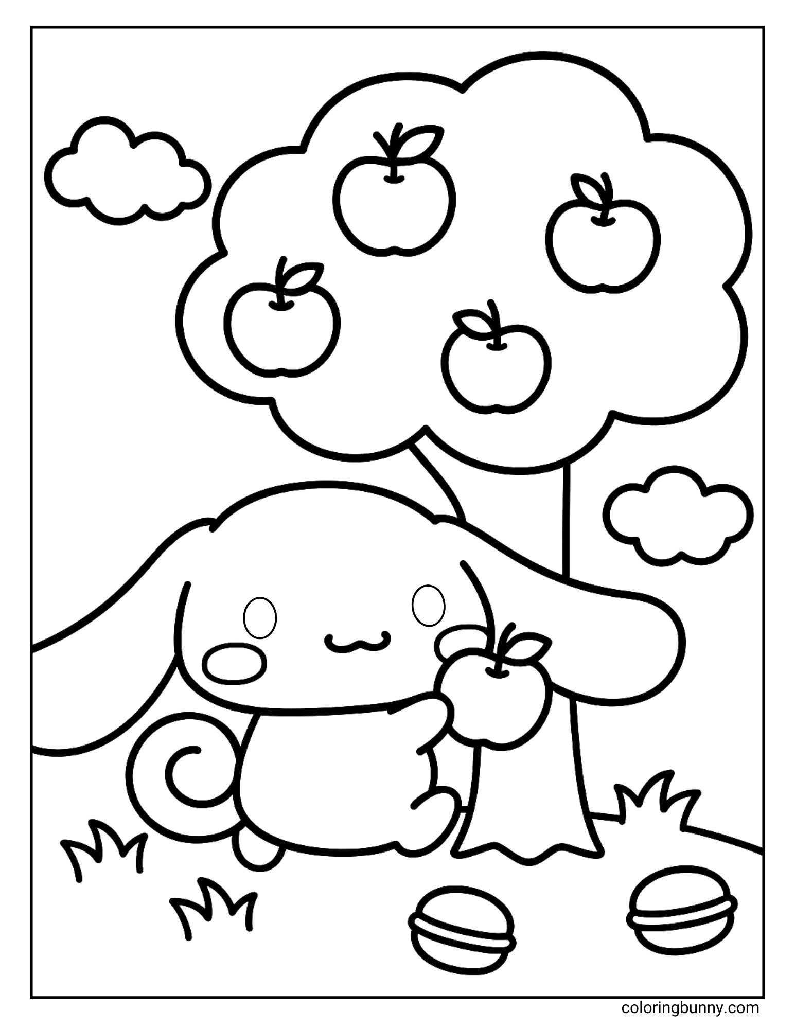 Cinnamoroll coloring page featuring the Sanrio puppy holding an apple under a tree filled with ripe fruit. The background shows fluffy clouds, scattered grass, and a couple of fallen apples on the ground, creating a simple and cheerful harvest-themed scene