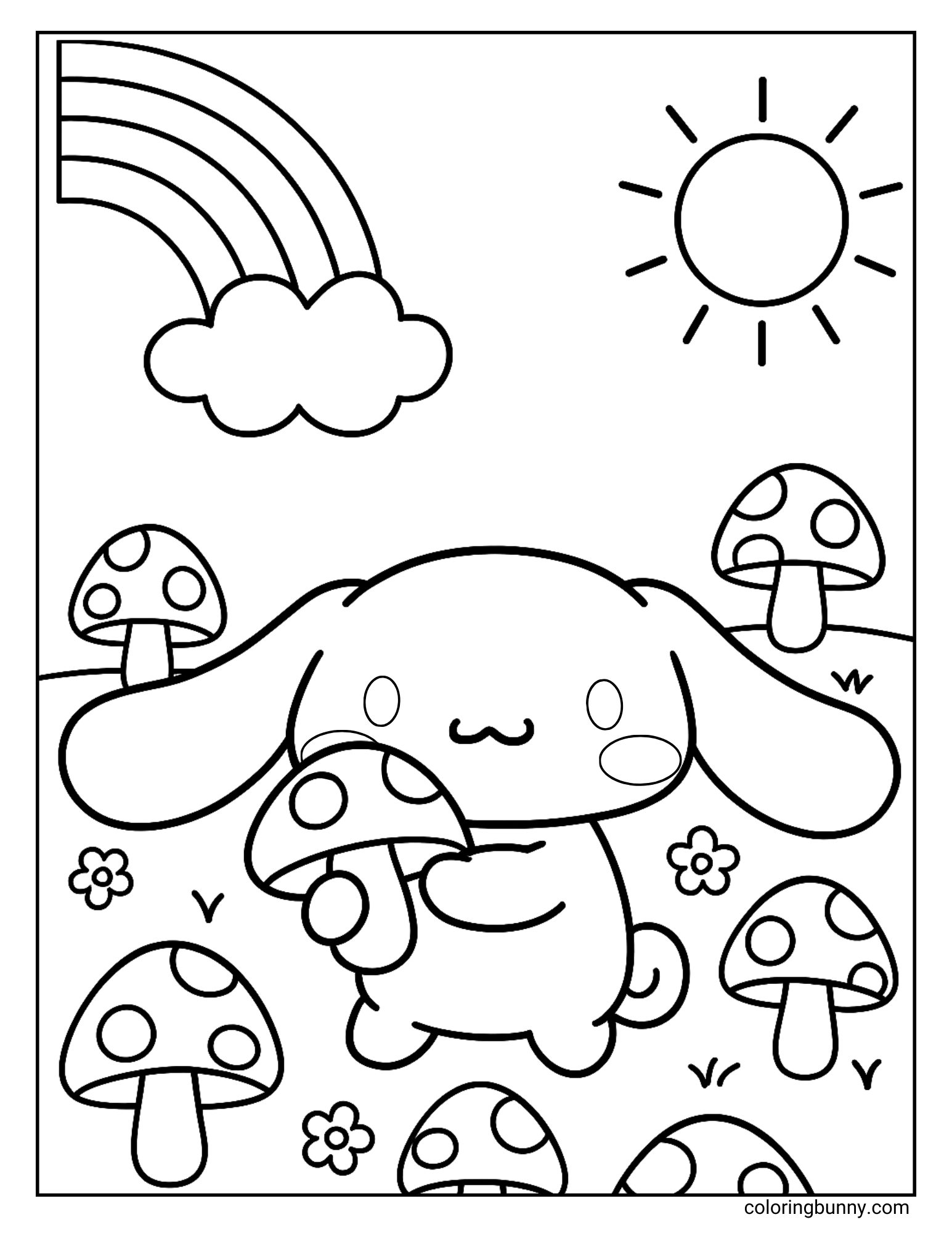 Sweet Cinnamoroll mushroom coloring page featuring the Sanrio puppy holding a spotted mushroom in a sunny field. The background includes a rainbow peeking from behind a cloud, the bright sun, cheerful flowers, and more mushrooms.