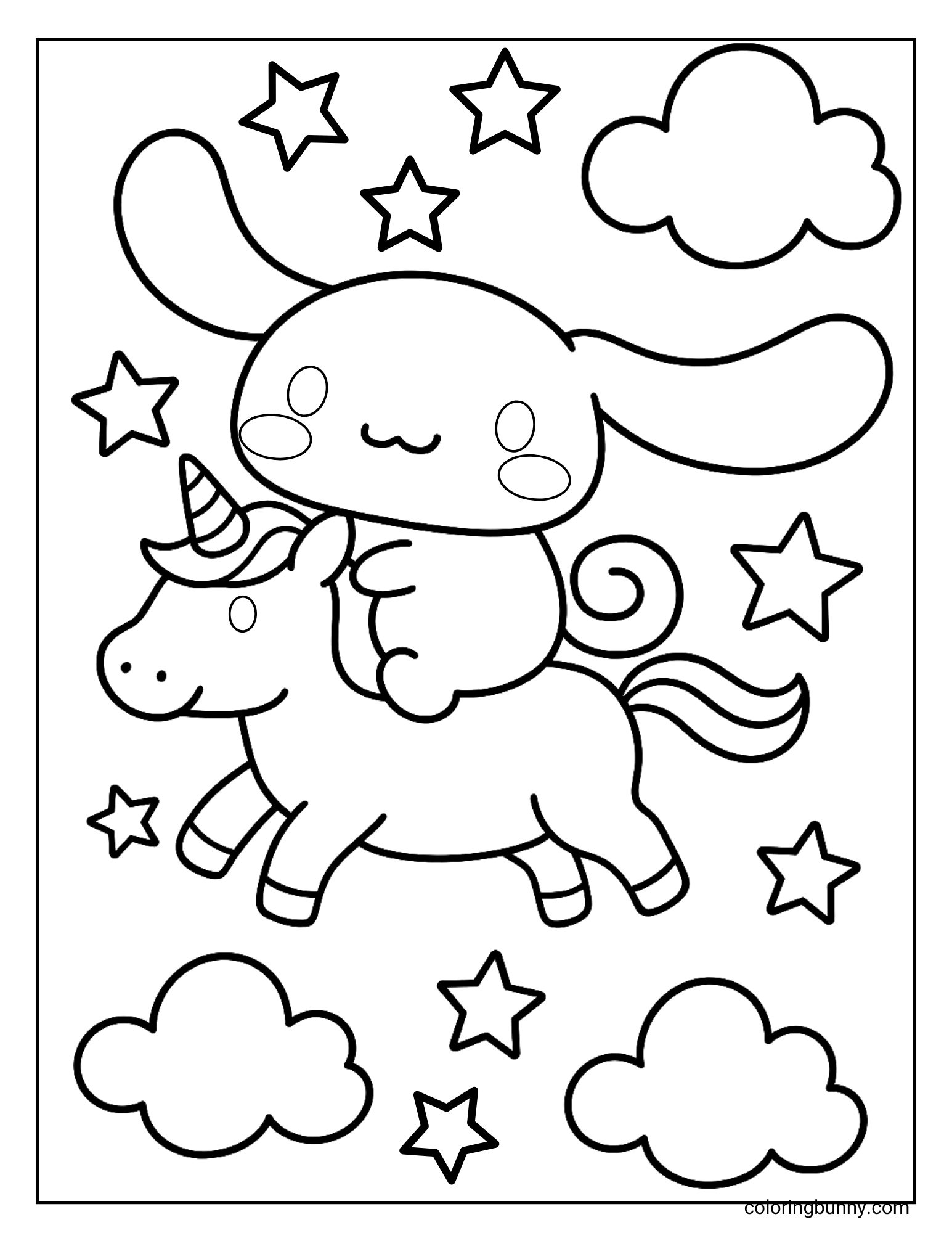 Coloring page of Cinnamoroll riding on the back of a unicorn, with clouds and stars surrounding them.
