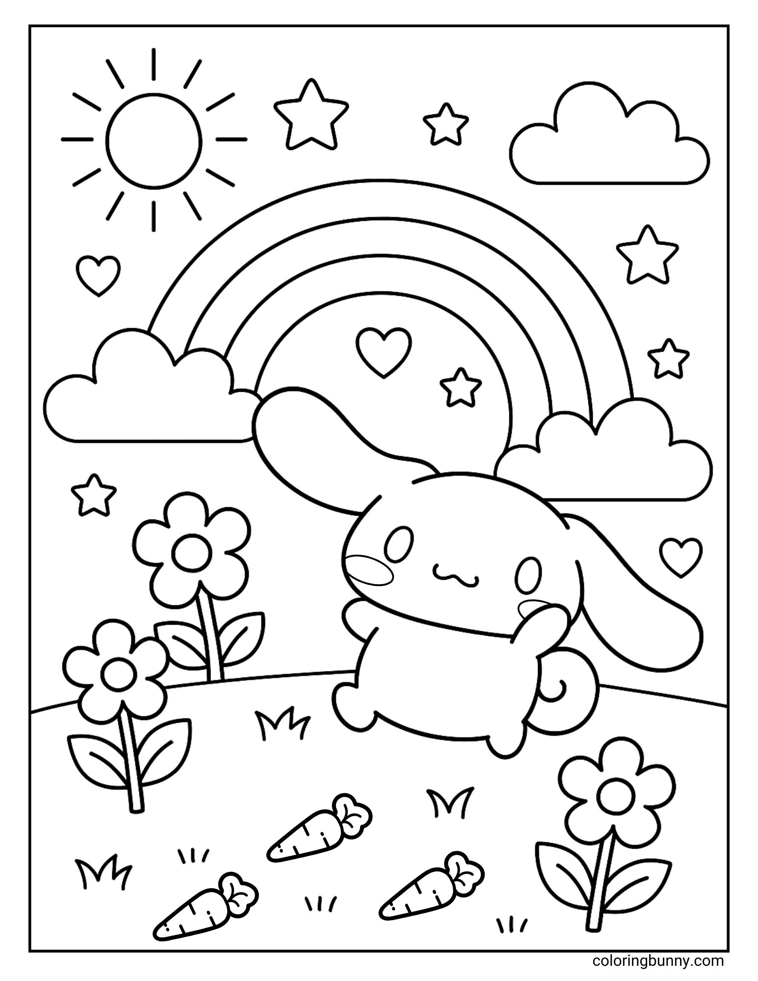 Coloring page of Cinnamoroll running in a field towards some carrots, with a rainbow, sun, and flowers in the background.