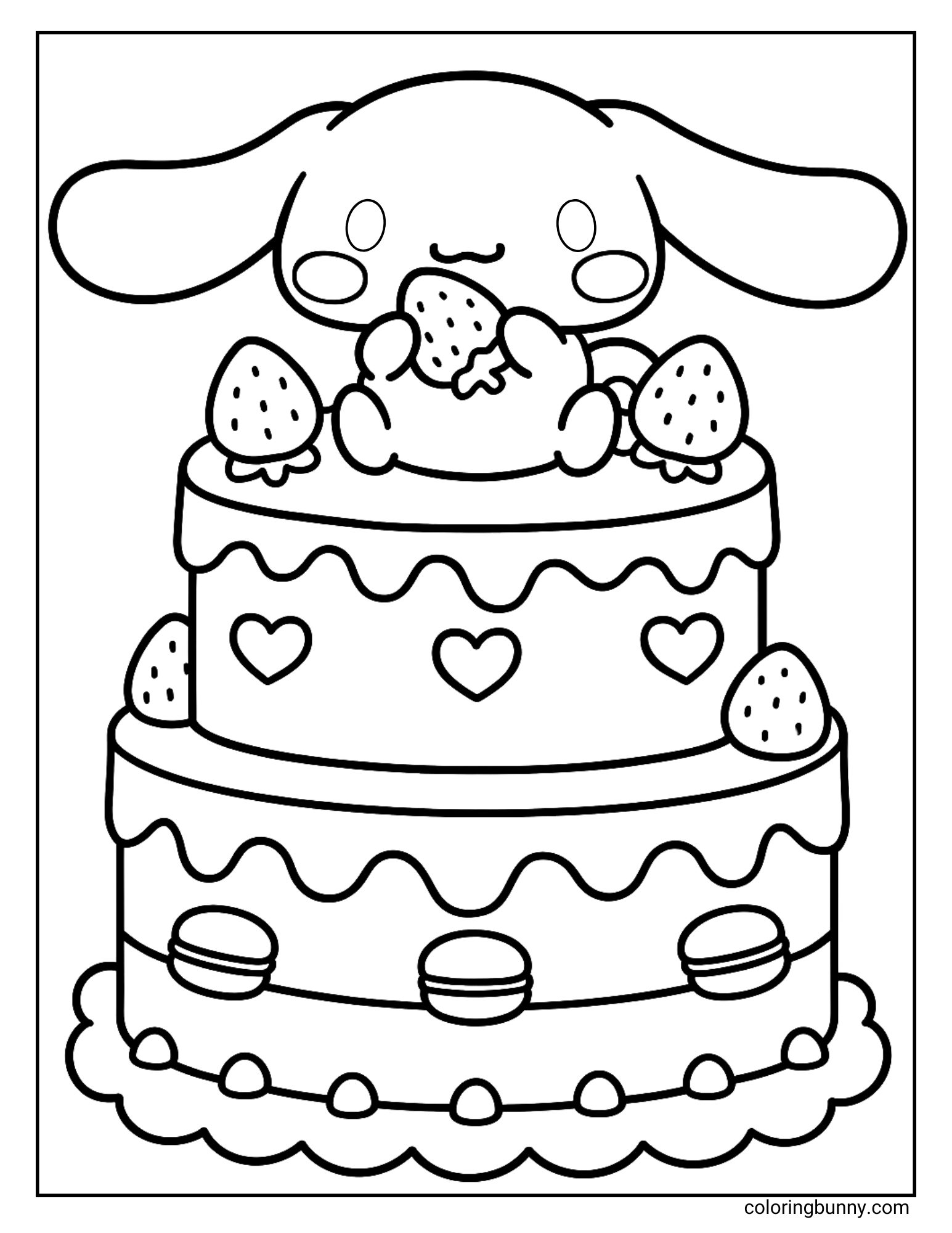Cinnamoroll cake coloring page featuring the Sanrio puppy sitting on a layered strawberry shortcake decorated with hearts, macarons, and fresh strawberries. The playful design shows Cinnamoroll happily holding a strawberry while sitting atop the cake.