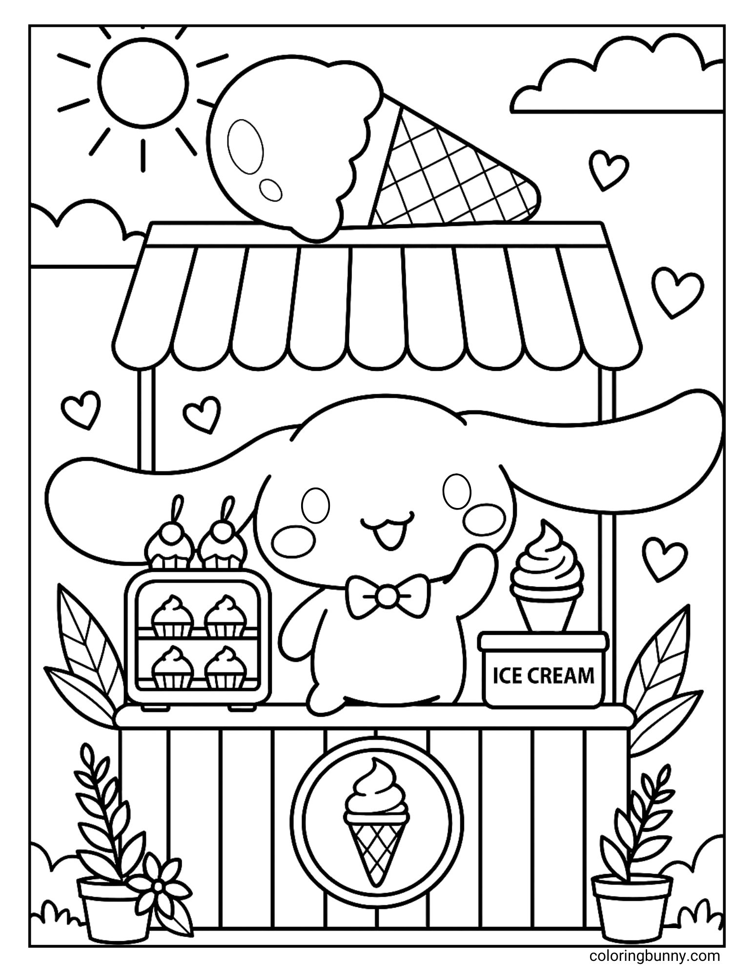 Cinnamoroll coloring page featuring the Sanrio puppy standing behind an ice cream stand decorated with plants, cupcakes, and a big cone sign on the roof. He wears a bow tie and holds a soft-serve cone while hearts, sunshine, and fluffy clouds brighten the cheerful dessert shop scene.