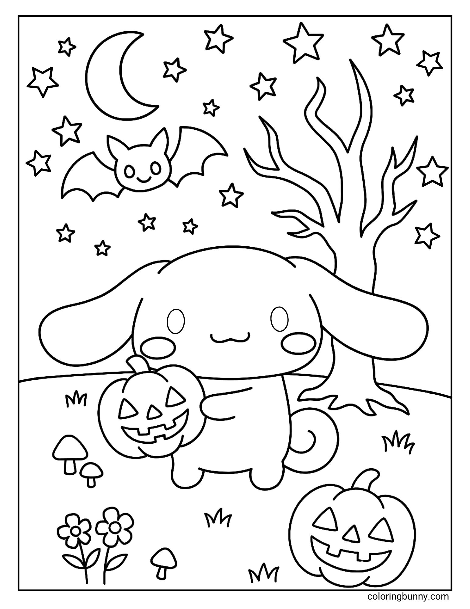 Cinnamoroll Halloween coloring page featuring the Sanrio puppy holding a carved pumpkin lantern in a spooky meadow. The scene includes glowing jack-o’-lanterns, a bare tree, mushrooms, flowers, a crescent moon, and a friendly bat flying among the stars
