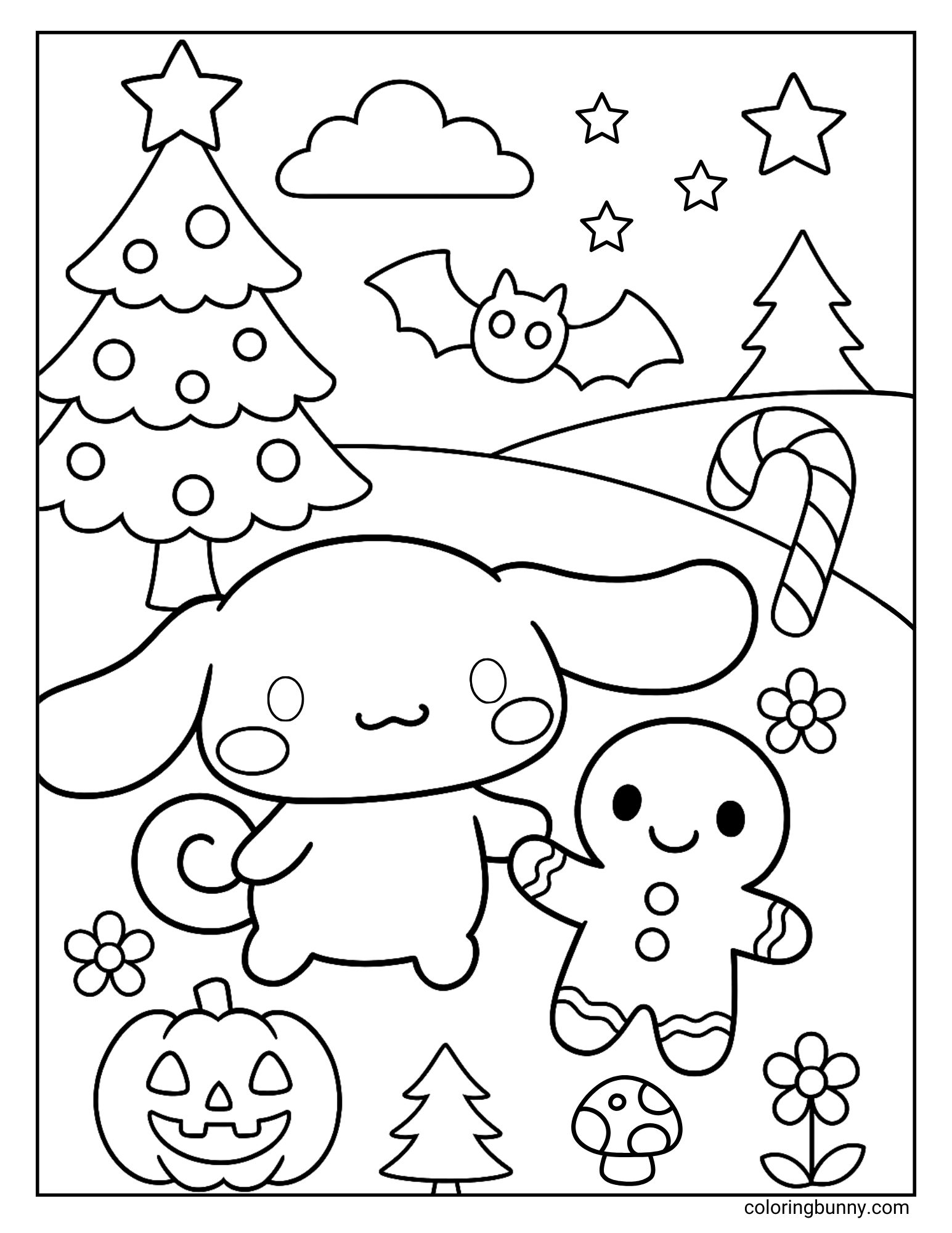 Cinnamoroll Christmas coloring page featuring the Sanrio puppy with a gingerbread cookie companion in a festive wonderland. The background includes decorated Christmas trees, candy canes, stars, fluffy clouds, a jack-o’-lantern, and even a friendly bat flying overhead.
