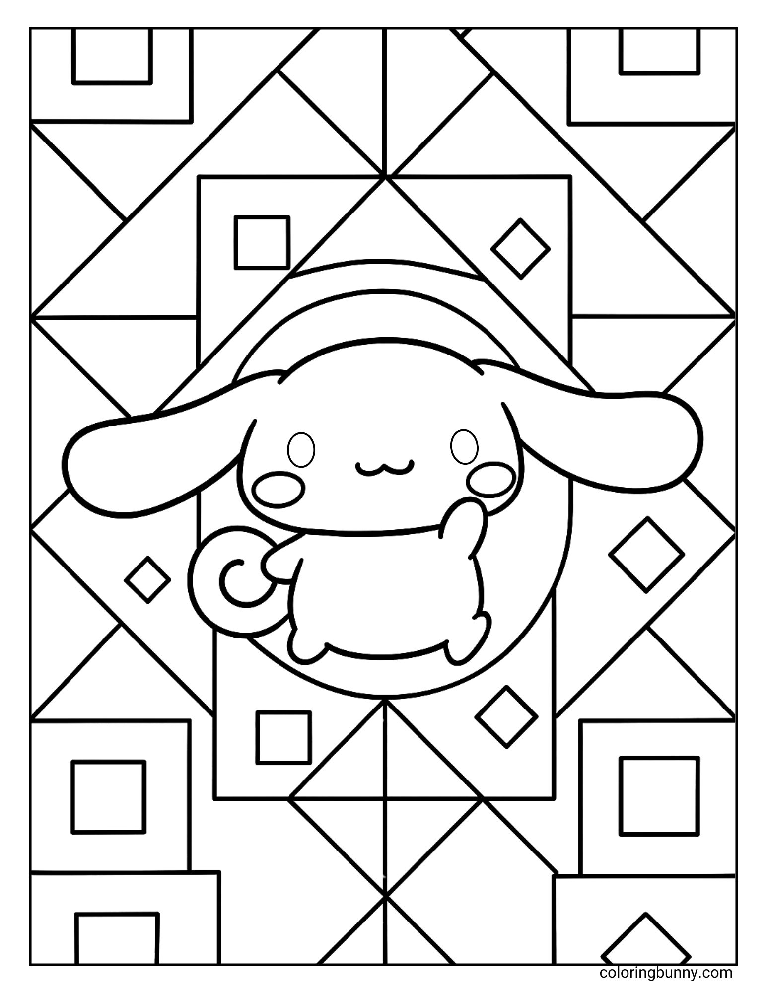 Cinnamoroll coloring page showing the Sanrio puppy in the center of a patterned background filled with triangles, squares, and diamonds.