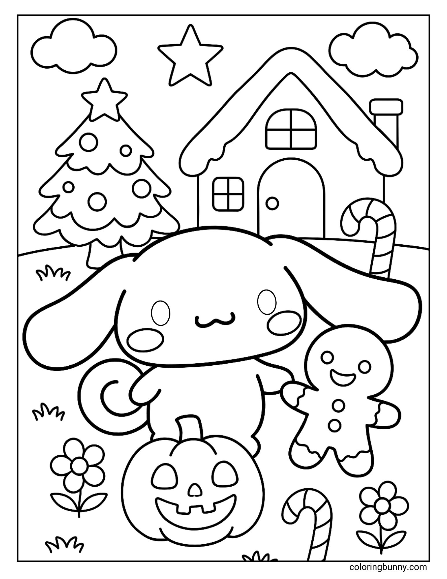 Cinnamoroll coloring page featuring the Sanrio puppy holding a smiling gingerbread man in front of a cozy holiday house. The background includes a decorated Christmas tree, candy canes, stars, fluffy clouds, and a carved pumpkin.