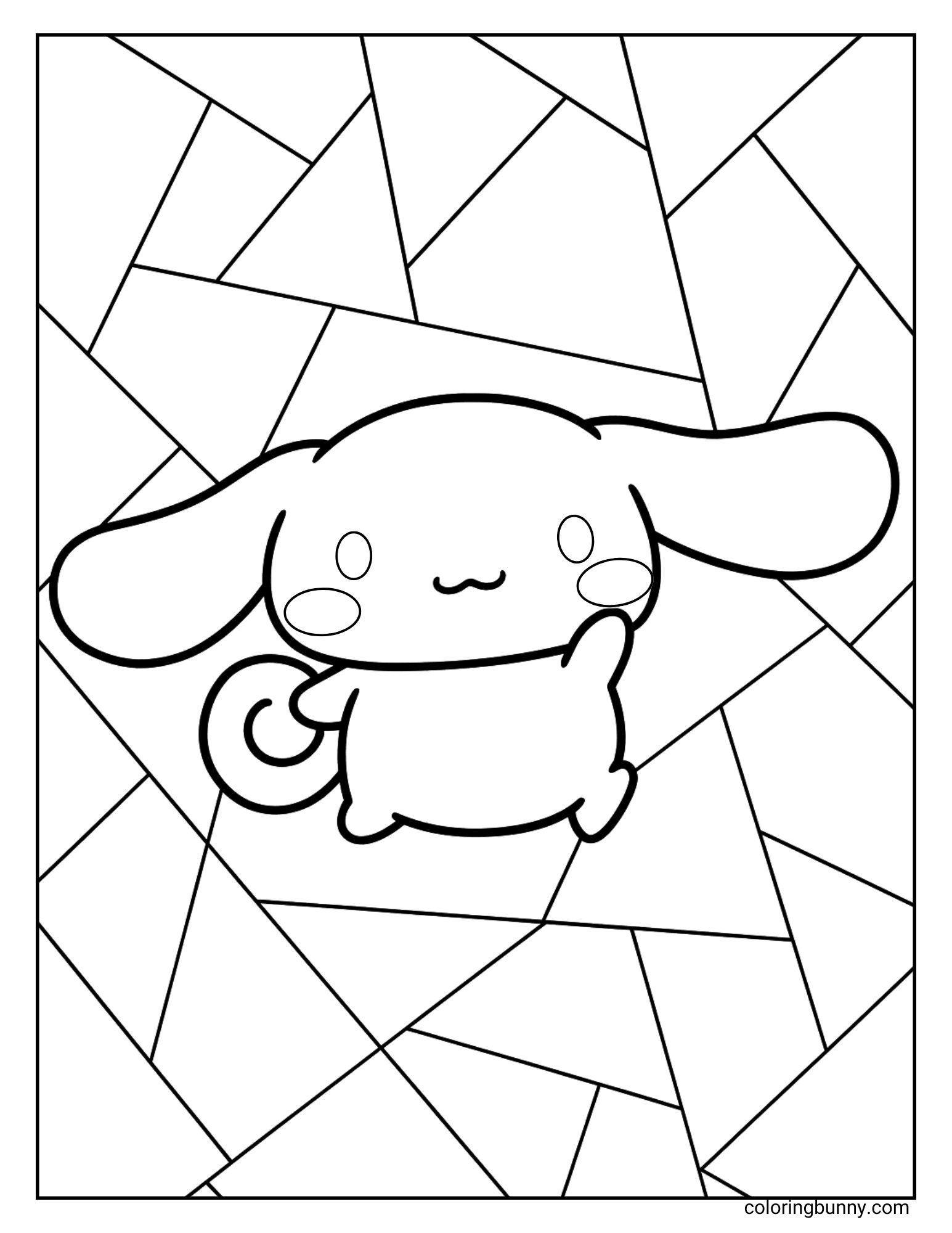 Coloring page of Cinnamoroll in front of a background of a geometric pattern of irregular shapes.