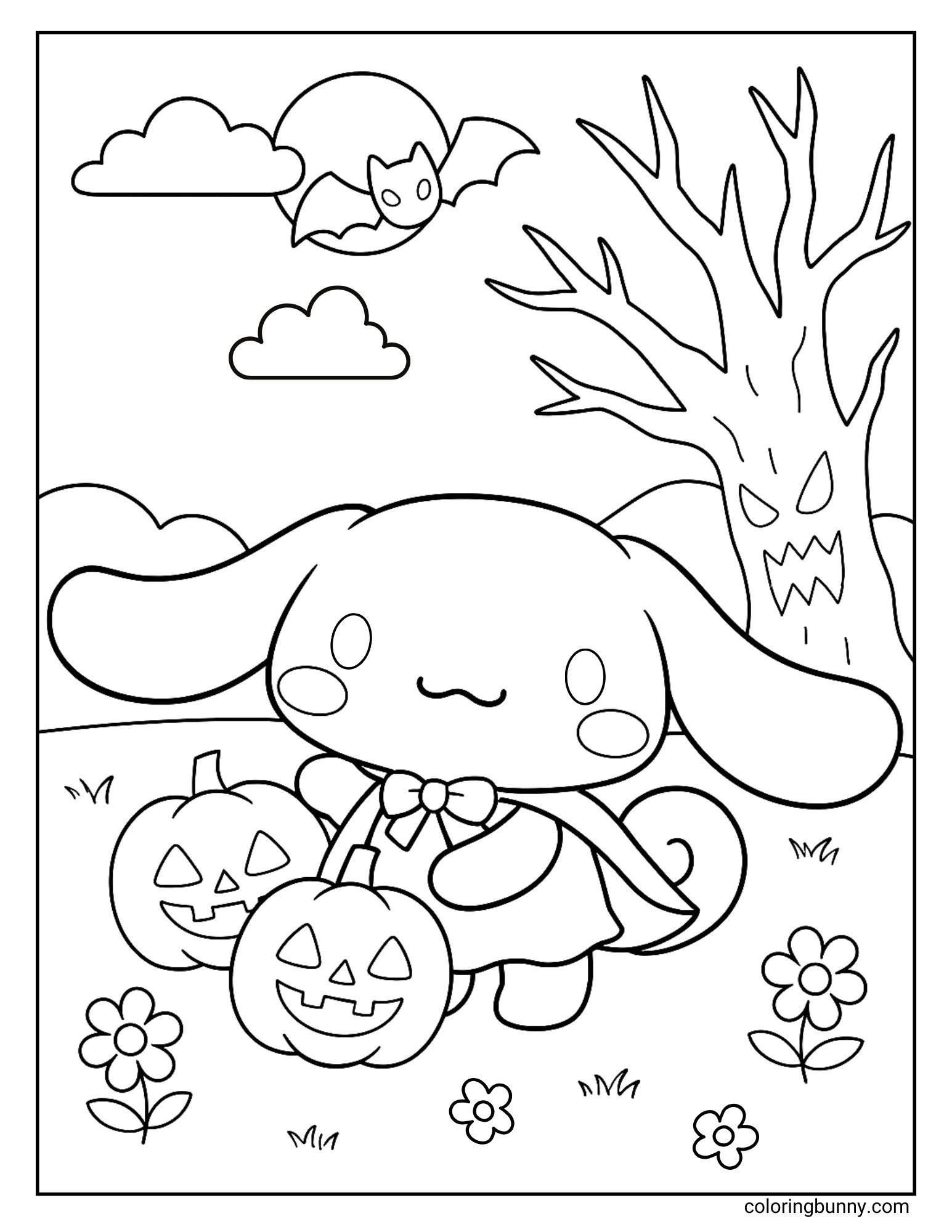Cinnamoroll Halloween coloring page showing the Sanrio puppy wearing a cape and holding a pumpkin lantern. The scene features carved jack-o’-lanterns on the ground, a twisted spooky tree with a scary face, a flying bat under the moon, and scattered flowers.