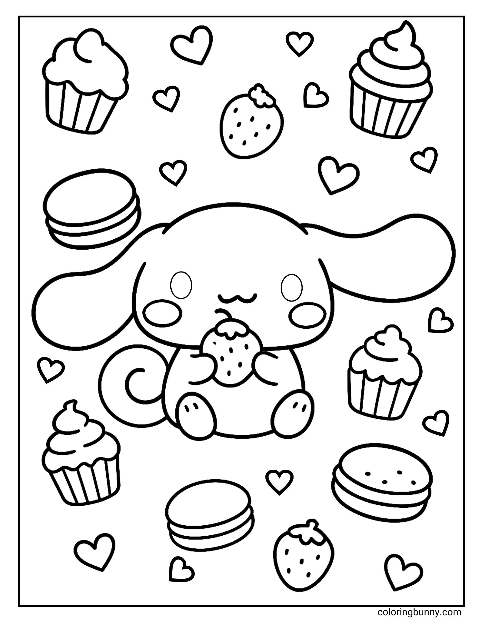 Cinnamoroll cupcake coloring page featuring the Sanrio puppy sitting happily while holding a strawberry. The background is filled with decorated cupcakes, macarons, scattered strawberries, and floating hearts, creating a cheerful and dessert-filled design.