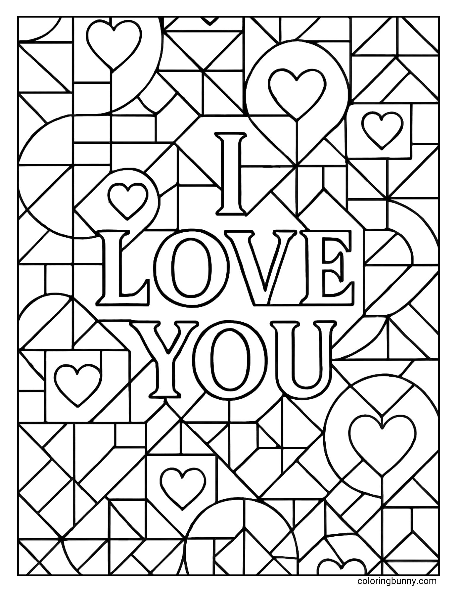 An I Love You coloring page with a complex geometric design made of triangles, squares, and circles. Large hearts are placed throughout the pattern, with the words I Love You standing clearly in the middle.