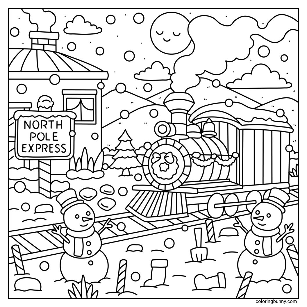A hand-drawn cozy winter coloring page featuring the North Pole Express train arriving at the station, with two cheerful snowmen greeting it. Festive details like stockings, candy canes, wreaths, and falling snow complete the magical holiday scene.
