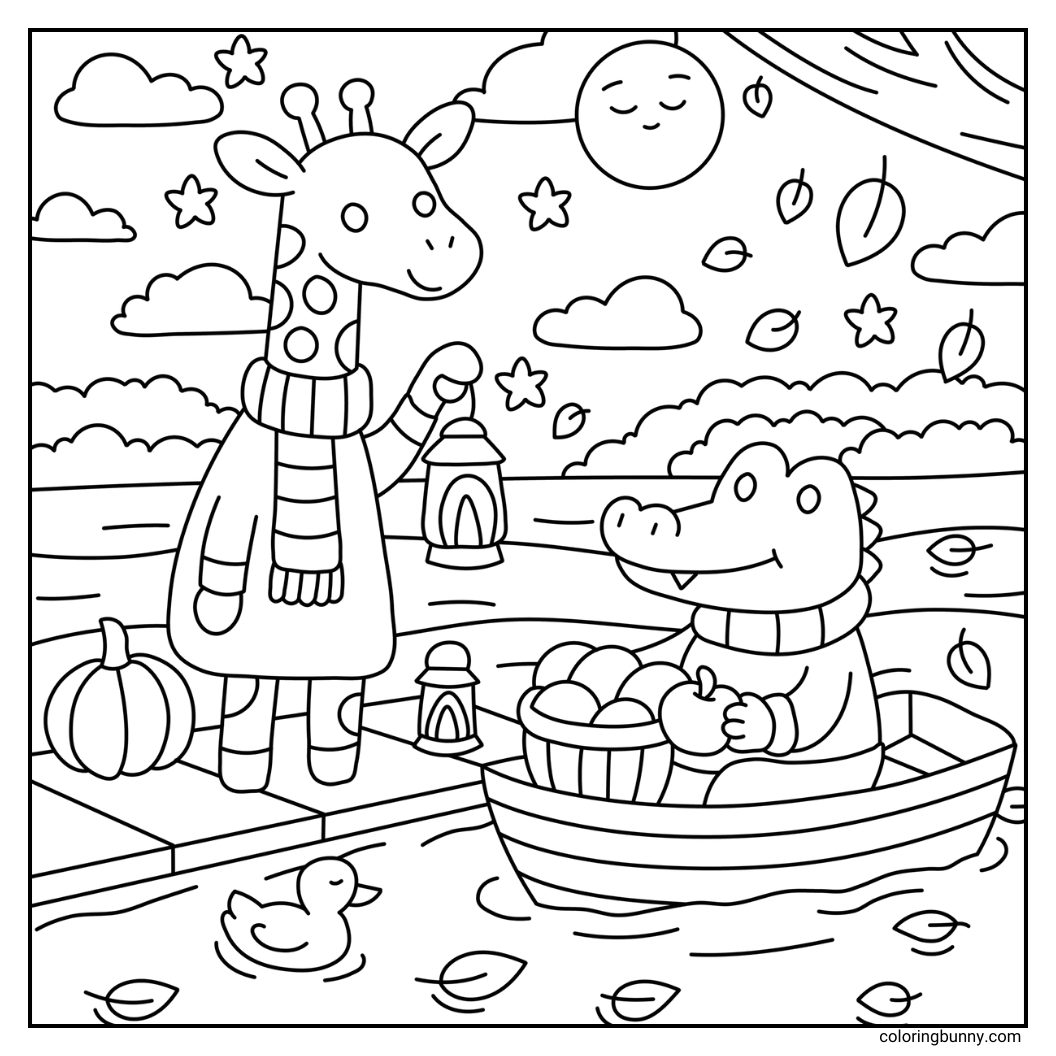 A hand-drawn cozy fall coloring page showing a nighttime apple harvest. A giraffe holds a lantern to light the way, while a crocodile delivers freshly picked apples in a boat. A curious duck swims nearby under a starry sky with a glowing moon, falling leaves, and a pumpkin by the shore.