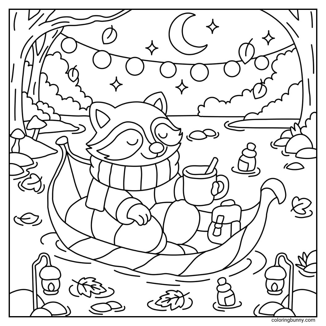 A hand-drawn cozy fall coloring page featuring a fox gently canoeing across a calm lake at night. Decorative lanterns and glowing string lights adorn the canoe, while autumn leaves float softly on the water’s surface. A bottle with a mysterious message drifts nearby, as the moon and twinkling stars illuminate the serene autumn evening.