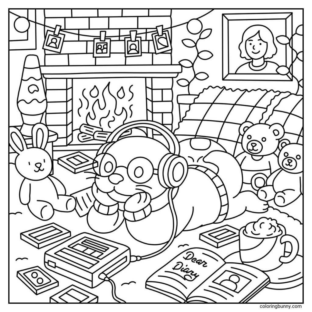 A hand-drawn cozy coloring page of a seal wearing headphones and glasses, listening to cassette tapes. An open diary with “Dear Diary” written inside sits in front of them. The cozy 80s-inspired room includes a lava lamp, teddy bears lounging, and polaroid photos strung up near a fireplace.