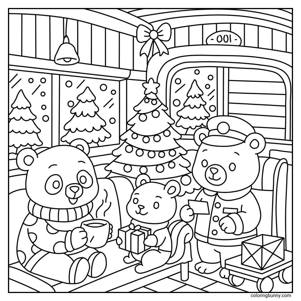 A hand-drawn cozy Christmas coloring page featuring a panda drinking a warm beverage, a squirrel holding a present, and a bear ticket conductor with a ticket cart. Festive Christmas decorations surround the train interior.