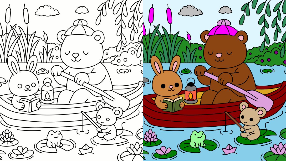 Cute Cozy Coloring Pages with Cozy Friends on a Canoe