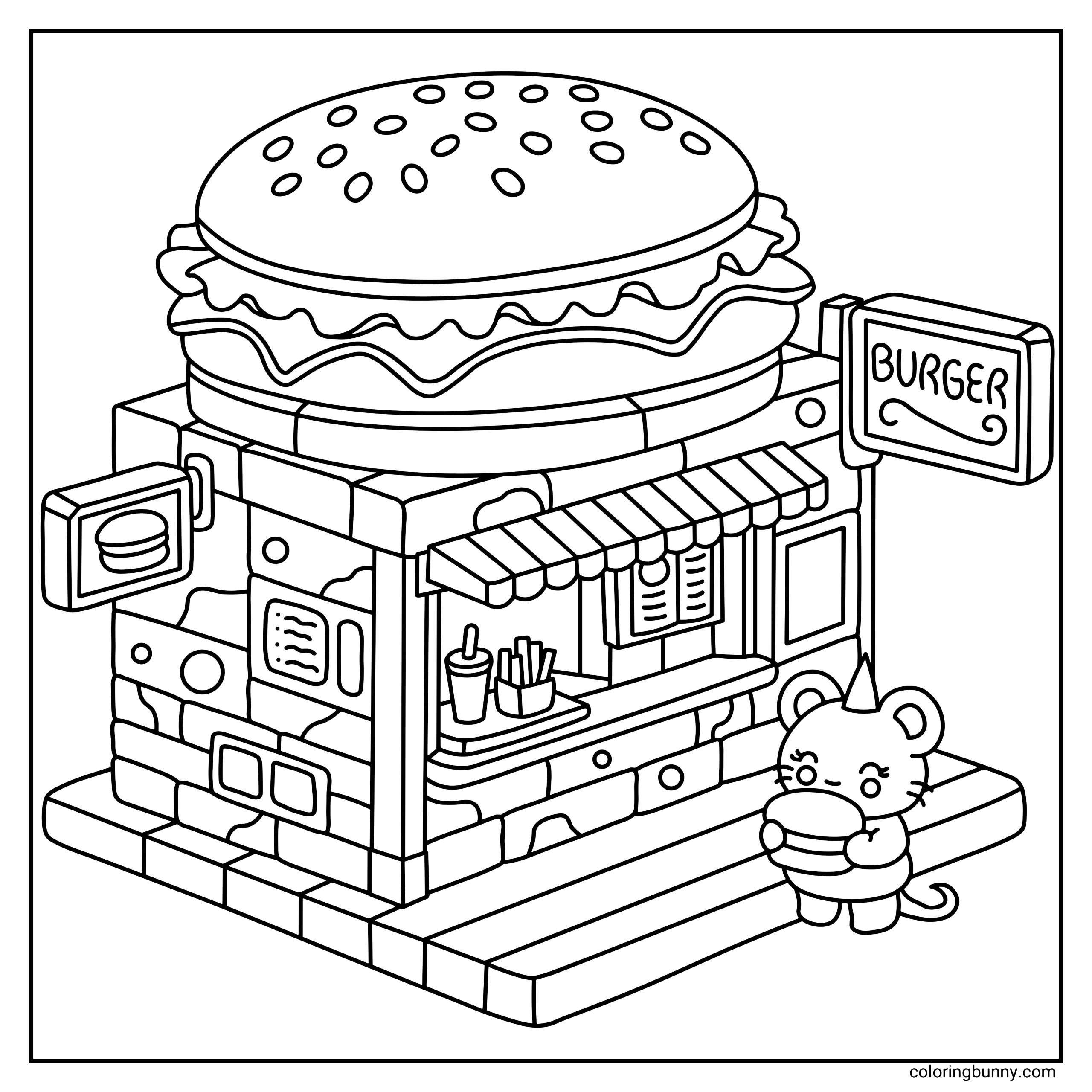 A hand-drawn cozy corner burger hut coloring page featuring a whimsical burger-shaped restaurant with signs, a takeaway window, fries and drinks, and a cute mouse holding a burger on a small platform.