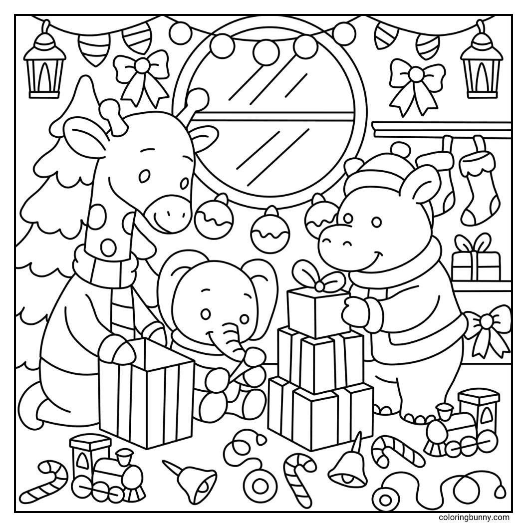 A hand-drawn cozy Christmas coloring page featuring a giraffe, elephant, and hippo opening presents. Festive details include candy canes, a toy train, bells, stockings, baubles, and string lights.