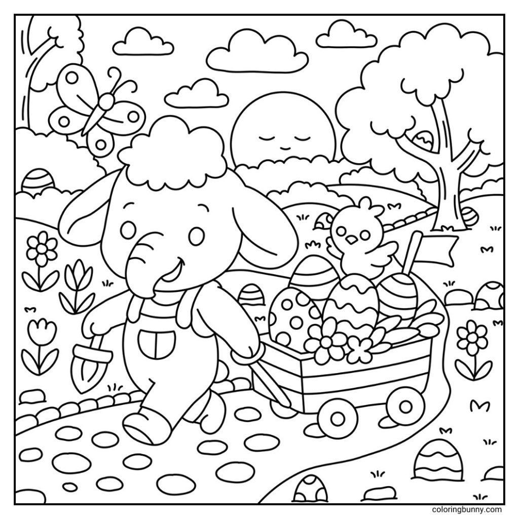 A hand-drawn cozy coloring page of a cheerful elephant pushing a wheelbarrow full of Easter eggs, with a chick riding happily on top. Rolling hills, trees, flowers, a smiling sun, butterflies, and more hidden Easter eggs decorate the background.