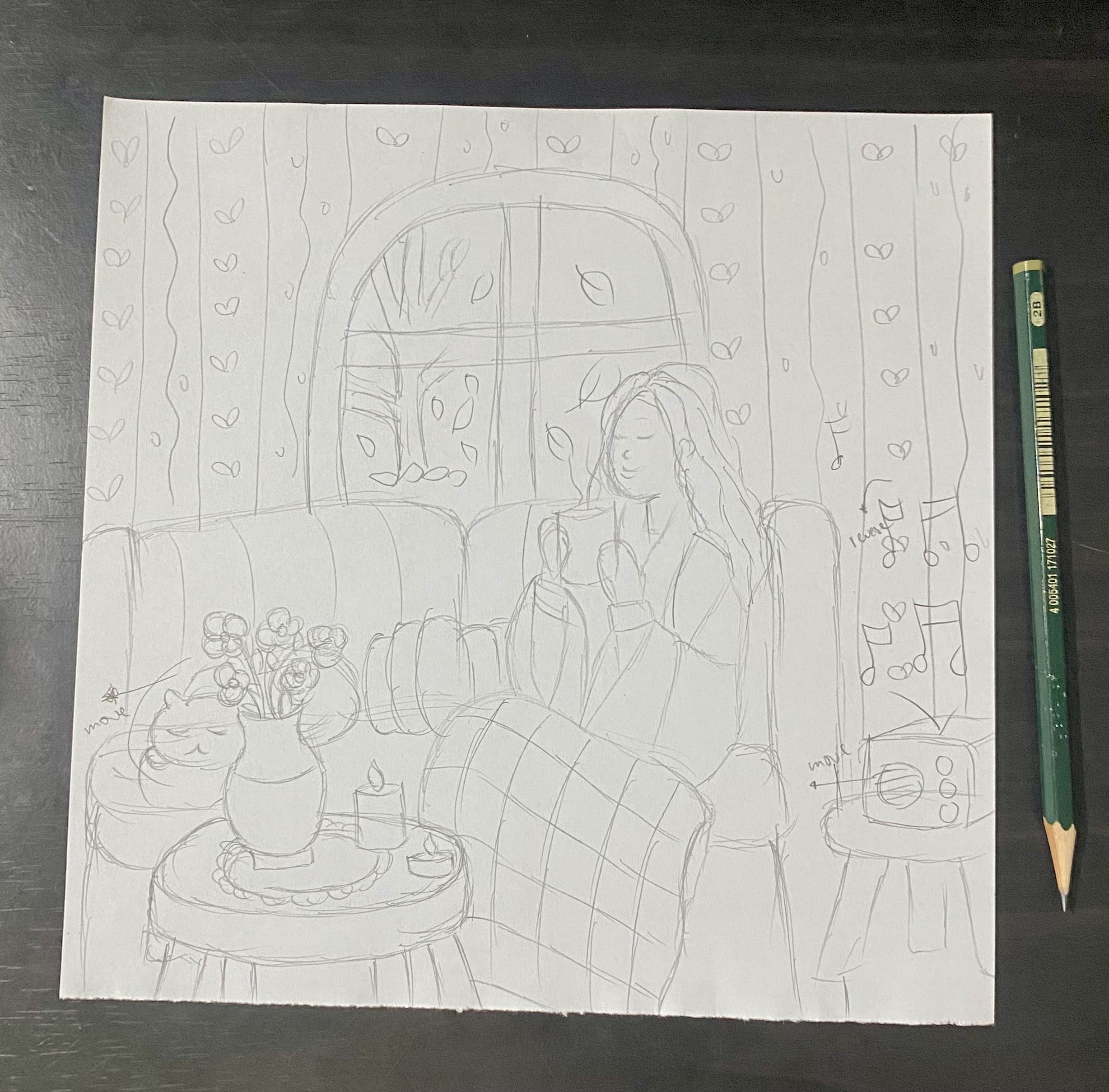 A hand-drawn sketch of a cozy living room, where a girl relaxes on the sofa with a warm drink. A cat naps beside her, while outside the window a tree sheds its autumn leaves. The room features a radio on a three-legged stand, a coffee table with a vase of flowers and glowing candle jars, and subtle wallpaper that adds to the inviting atmosphere.
