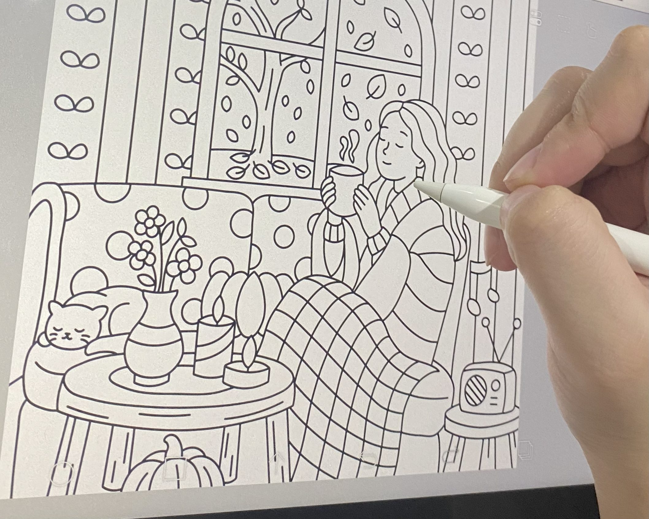 A digitally outlined sketch on iPad of a cozy living room, where a girl relaxes on the sofa with a warm drink. A cat naps beside her, while outside the window a tree sheds its autumn leaves. The room features a radio on a three-legged stand, a coffee table with a vase of flowers and glowing candle jars, and subtle wallpaper that adds to the inviting atmosphere.