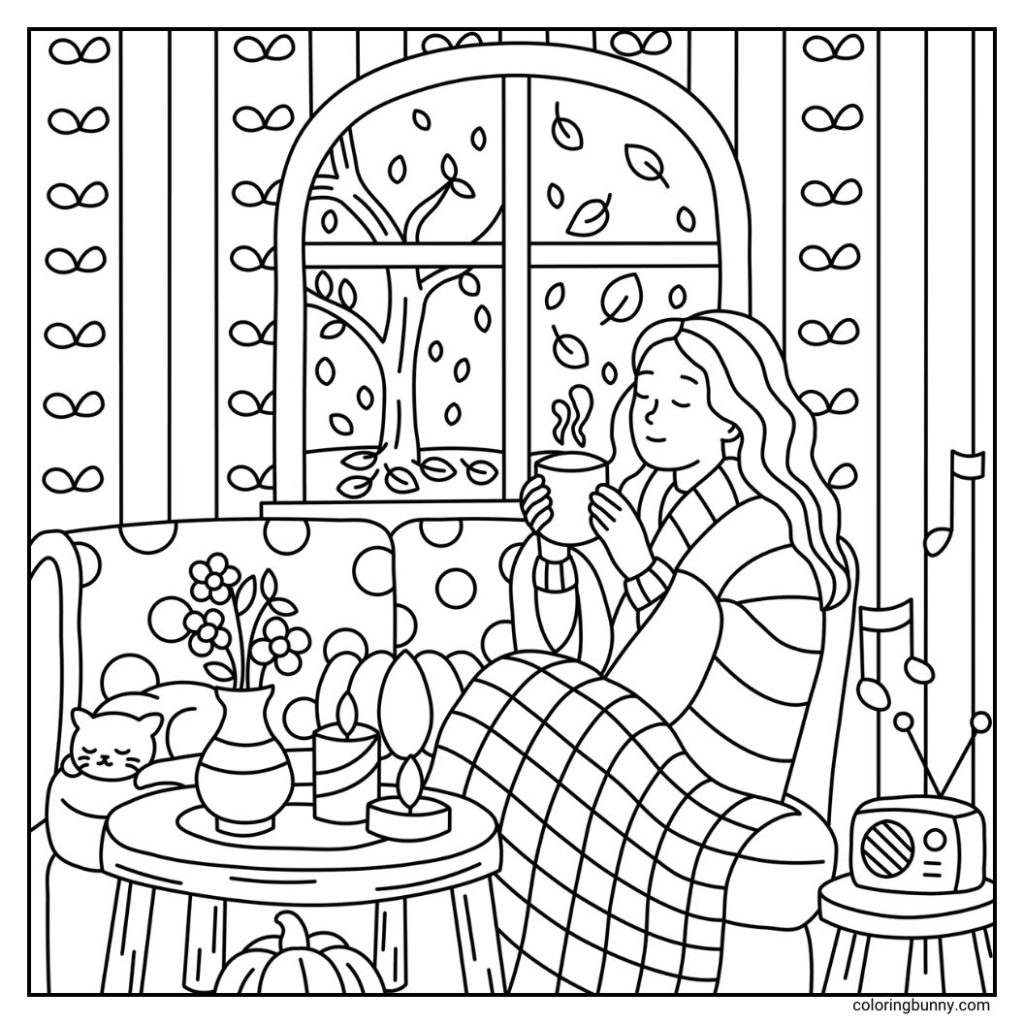 A hand-drawn cozy fall living room coloring page featuring a cozy living room, where a girl relaxes on the sofa with a warm drink. A cat naps beside her, while outside the window a tree sheds its autumn leaves. The room features a radio on a three-legged stand, a coffee table with a vase of flowers and glowing candle jars, and subtle wallpaper that adds to the inviting atmosphere.