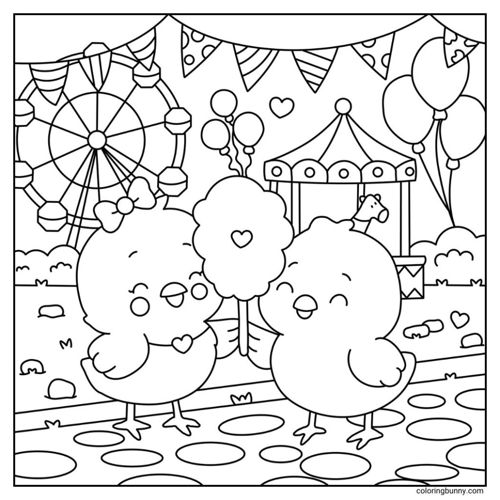 A hand-drawn cozy valentines day coloring page of two chicks on a date at the funfair. They share fluffy candyfloss while standing together, with a Ferris wheel and carousel in the background. Balloons and festive decorations complete the cheerful scene.