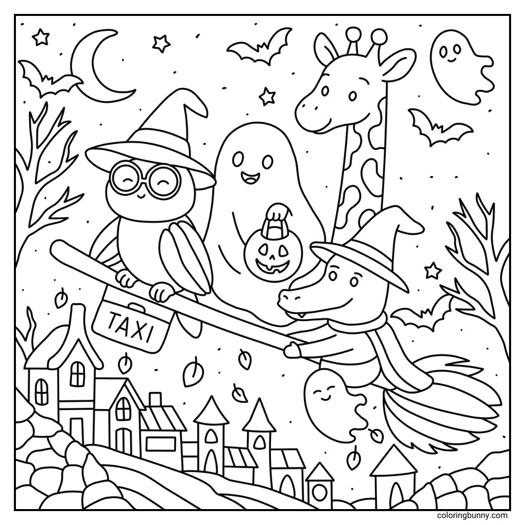 A hand-drawn cozy Halloween coloring page featuring an owl, ghost, giraffe, and crocodile in costumes riding a broomstick taxi through the night sky, with stars, a crescent moon, bare trees, and houses in the distance.