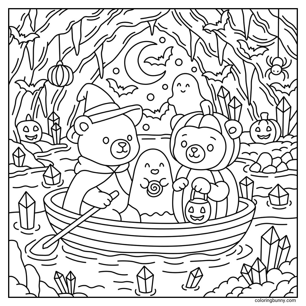 A hand-drawn cozy Halloween coloring page featuring three friends; a wizard bear, a ghost, and a pumpkin-costumed bear, riding a boat through a spooky cave filled with crystals, pumpkins, bats, spiders, and eerie details.