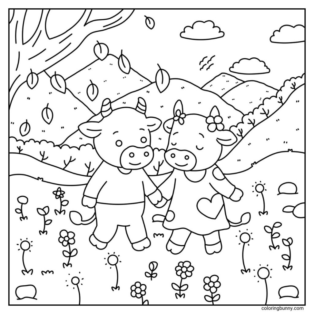 A hand-drawn cozy valentines day coloring page of two cows on a peaceful nature walk. They stroll through rolling hills surrounded by wildflowers and falling leaves, creating a charming countryside scene.