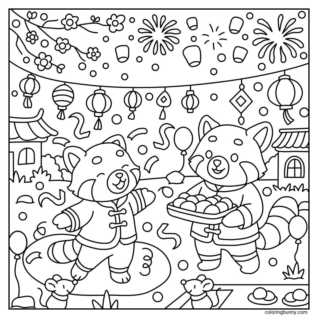 A hand-drawn cozy coloring page of red panda bear friends celebrating New Year’s with baked treats and glowing lanterns. Confetti falls around them while two little mice join the fun.