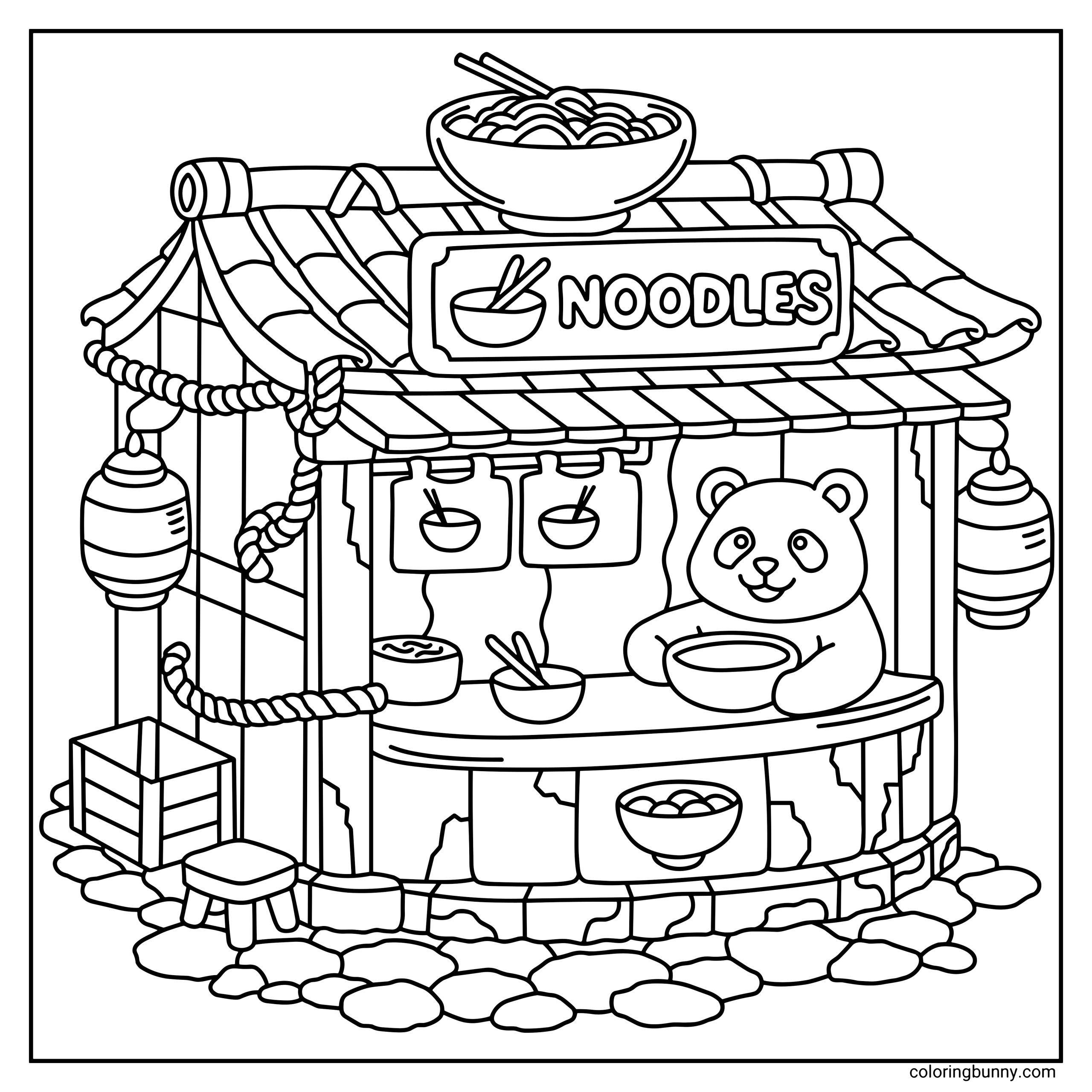 A hand-drawn cozy noodle stall corner coloring page featuring a rustic wooden noodle stand with hanging lanterns, rope details, bowls of noodles, chopsticks, and a cute panda chef eating noodles beneath a roof sign that reads “NOODLES,” set on a stone path.