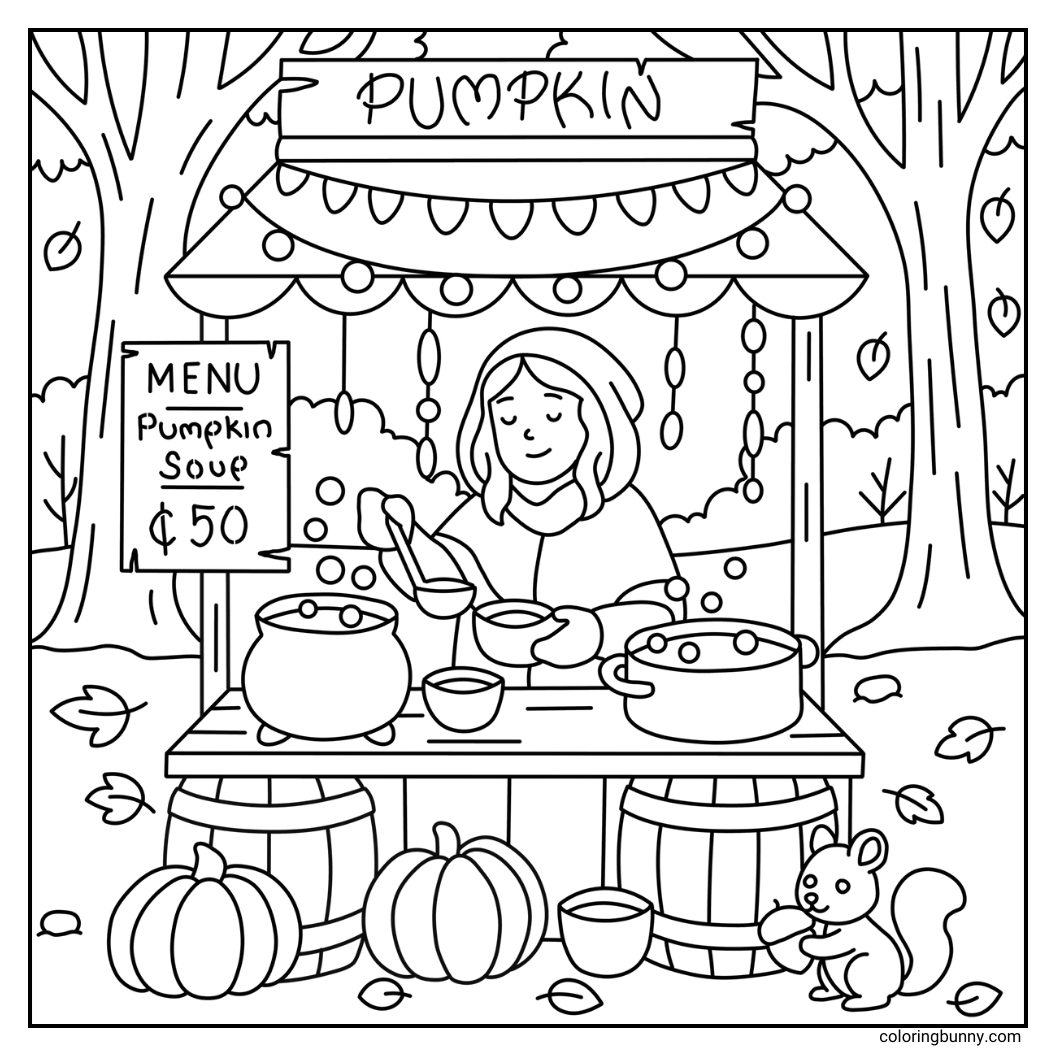 A hand-drawn cozy fall coloring page featuring a festive pumpkin soup stall decorated with autumn details. Pumpkins surround the stand, along with barrels, hanging banners, and rustic wooden decorations. A pot of warm pumpkin soup is ready to serve for only 50 cents, while a cheeky squirrel clutches an acorn and lingers nearby, adding playful charm to the cozy forest market scene.