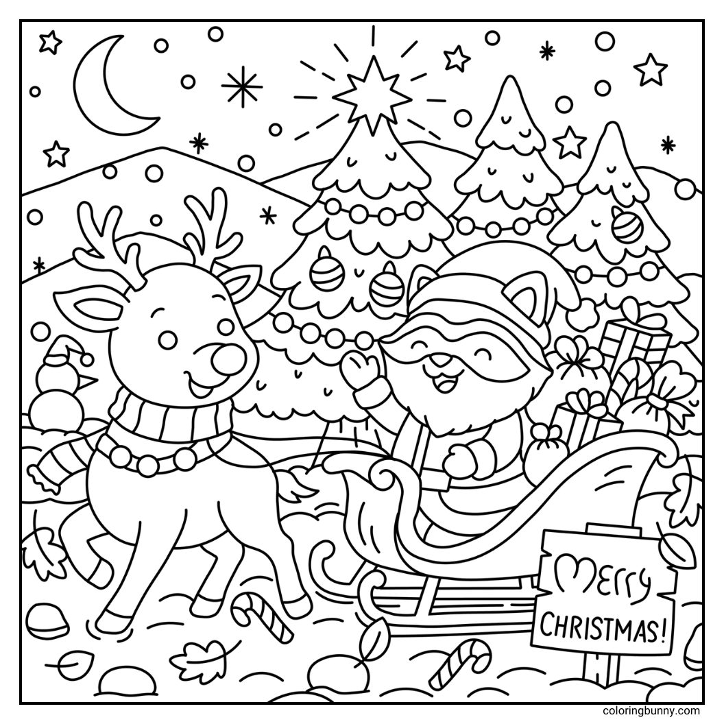 A hand-drawn cozy Christmas coloring page featuring Rudolph the red-nosed reindeer pulling a gift-filled sleigh. Christmas trees, baubles, stars, lights, and a glowing moon complete the festive scene.