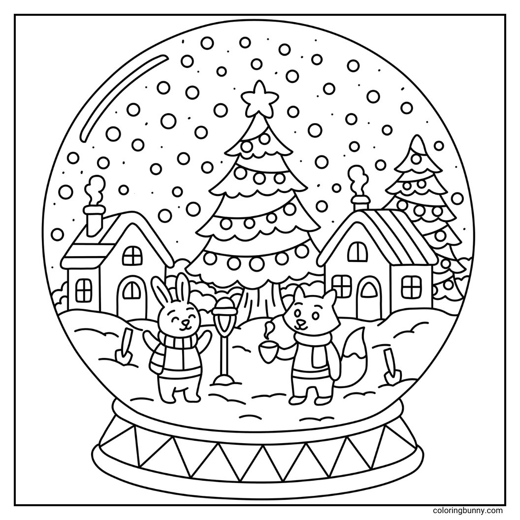 A cozy winter snow globe coloring page with a rabbit and a fox playing in the snow, digging to build a snowman. A large Christmas tree decorated with lights and a star stands in the center, with houses and another tree in the snowy distance.