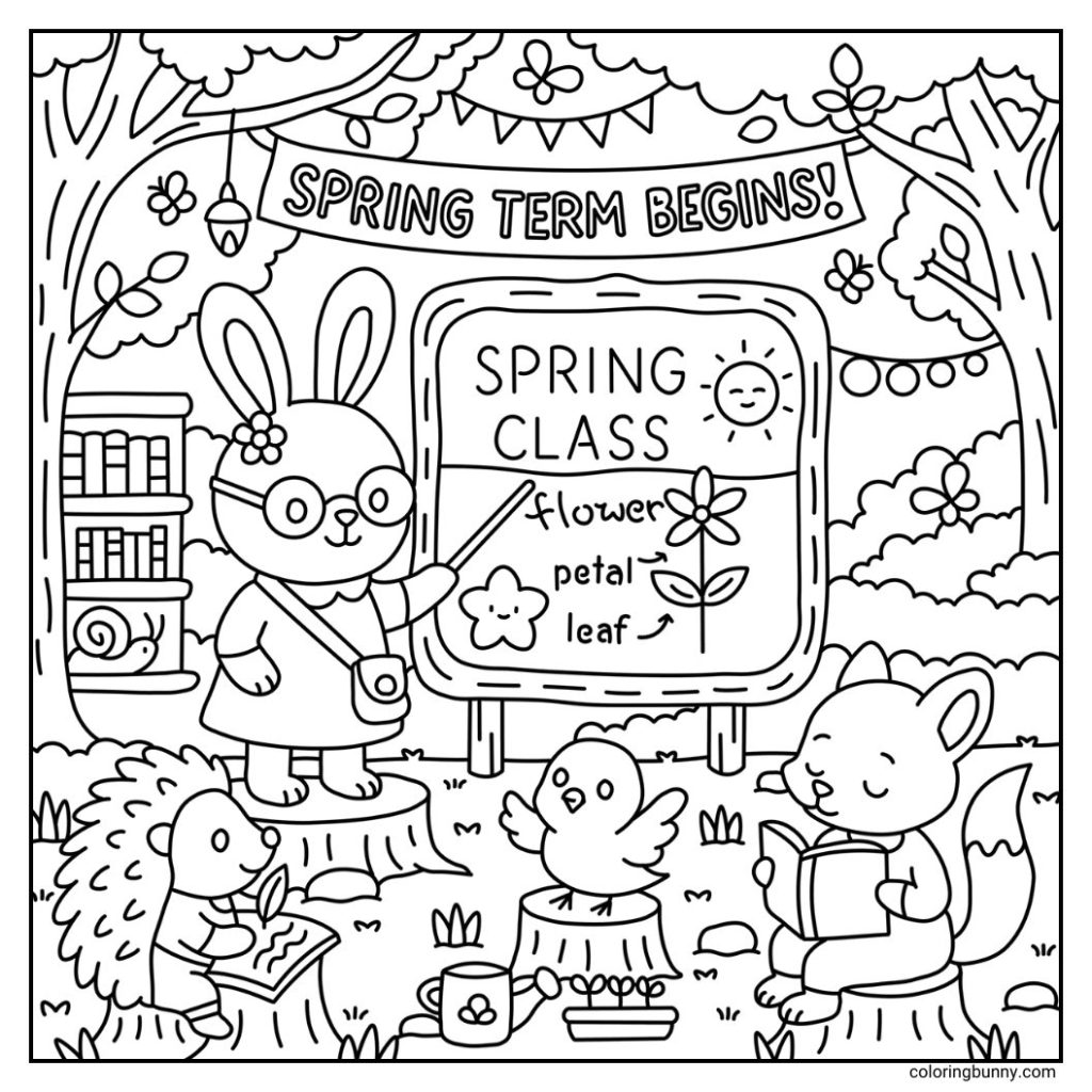 A hand-drawn cozy coloring page of an outdoor spring classroom. A rabbit teacher leads the lesson, while a hedgehog writes in a book, a chick asks a question, and a fox reads intently. In the distance, a snail hides under a bookcase. Spring flowers and trees add a seasonal touch.