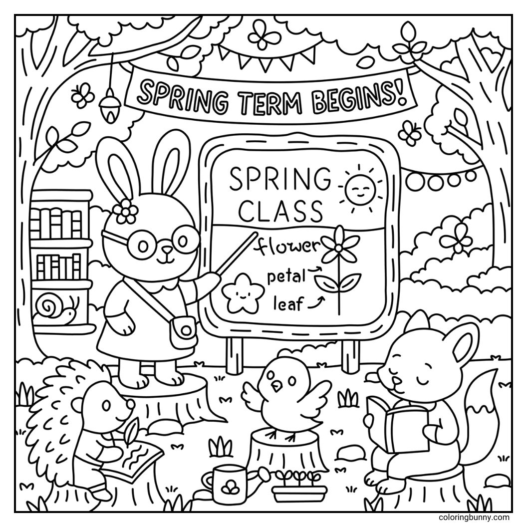 A hand-drawn cozy coloring page of an outdoor spring classroom. A rabbit teacher leads the lesson, while a hedgehog writes in a book, a chick asks a question, and a fox reads intently. In the distance, a snail hides under a bookcase. Spring flowers and trees add a seasonal touch.