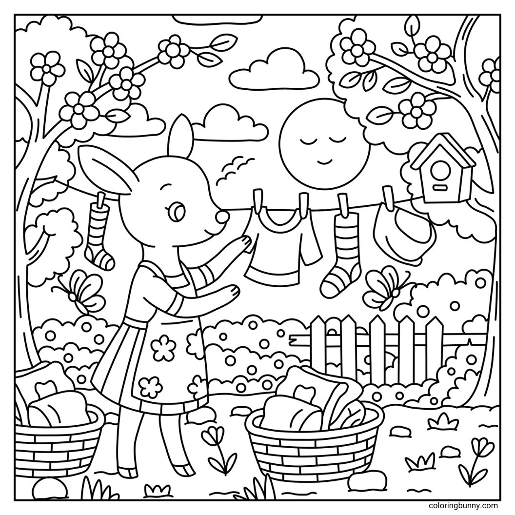 A hand-drawn cozy coloring page of a cheerful deer wearing an apron, hanging laundry on a clothesline to dry. Flowers bloom nearby, butterflies flutter through the air, and a birdhouse clings to a tree, creating a lively spring atmosphere.