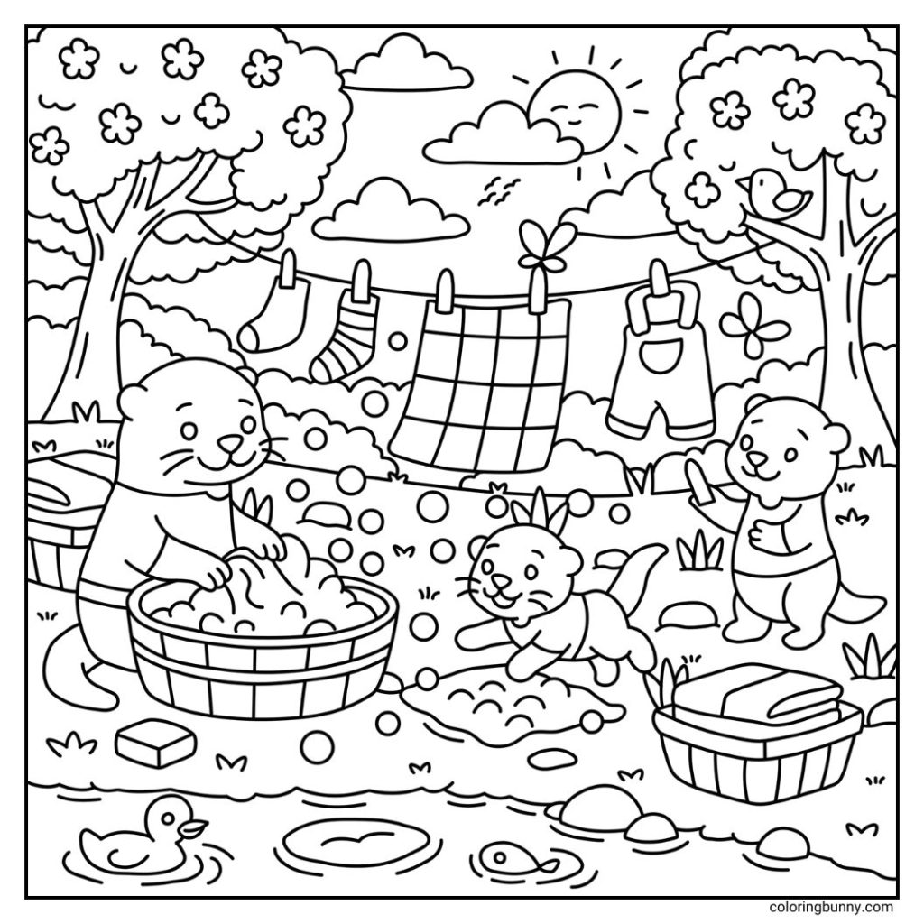 A hand-drawn cozy coloring page of a seal doing laundry with bubbles and clothes ready to hang on the line. Two baby seals play happily in the garden with whimsical spring details, including flowers on trees and a pond featuring a duck and a fish.