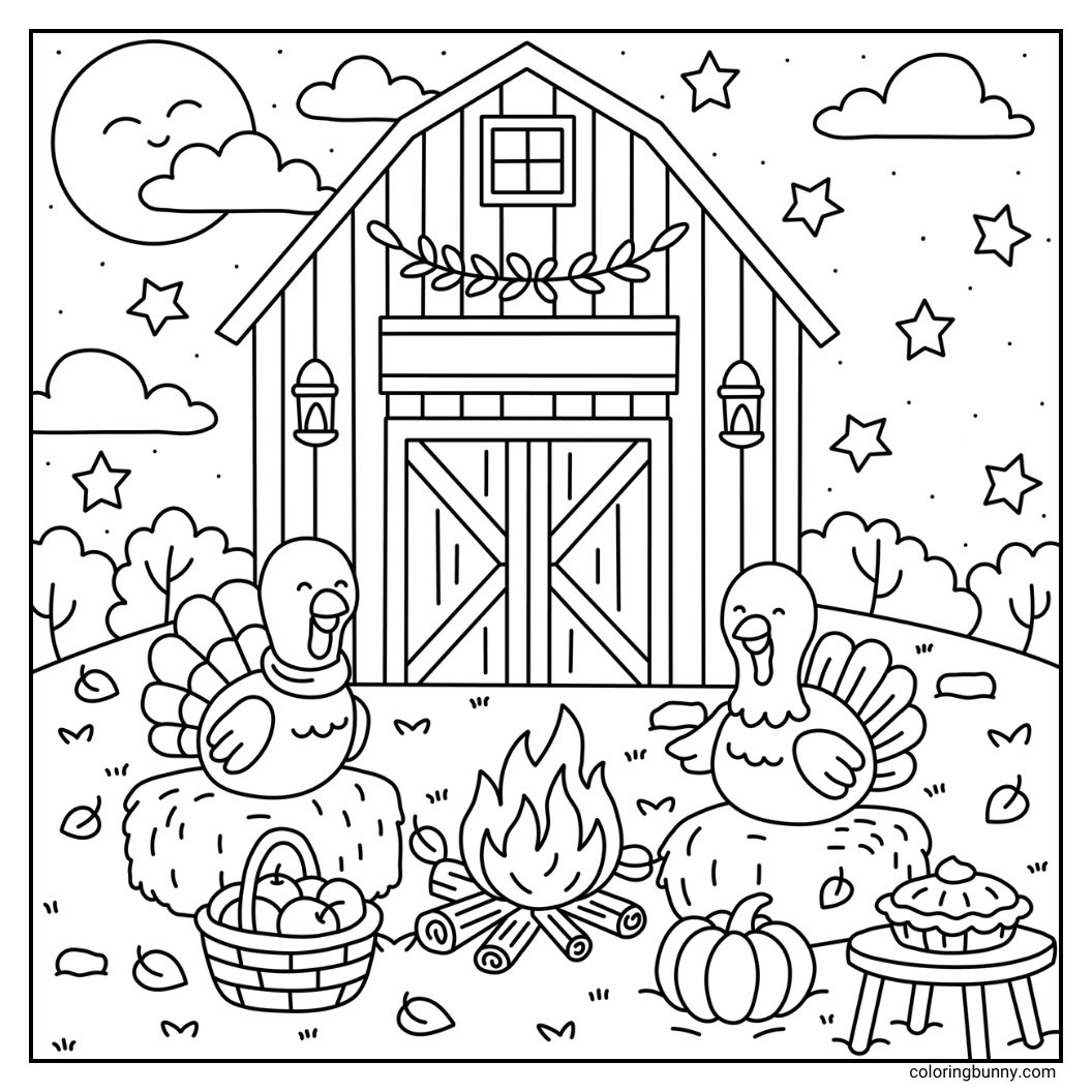 A hand-drawn cozy Thanksgiving coloring page featuring two happy turkeys sitting on hay bales around a warm campfire in front of a big barn. The night sky is filled with twinkling stars and a smiling moon, while a basket of apples, a pumpkin, and a freshly baked pie rest nearby. The scene captures the calm and joy of a festive autumn evening on the farm.