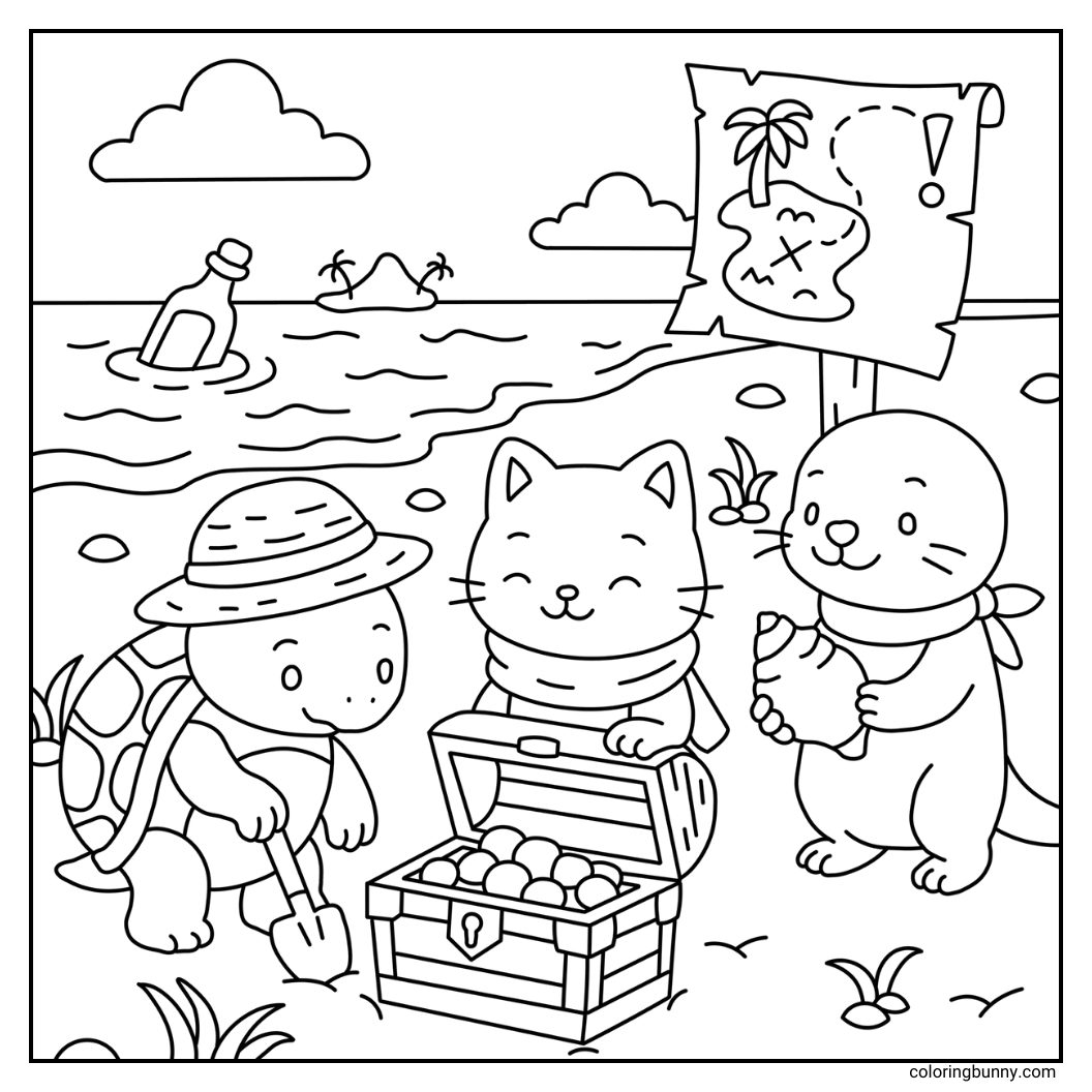 A hand-drawn cozy coloring page of a treasure hunt on the beach featuring a tortoise, a cat, and a seal. The cat rummages through a crate of treasure, the tortoise digs for more treasure, and the seal proudly holds a unique shell. A map marks more treasure spots. A message in a bottle floats nearby in the sea, adding to the adventurous seaside scene.